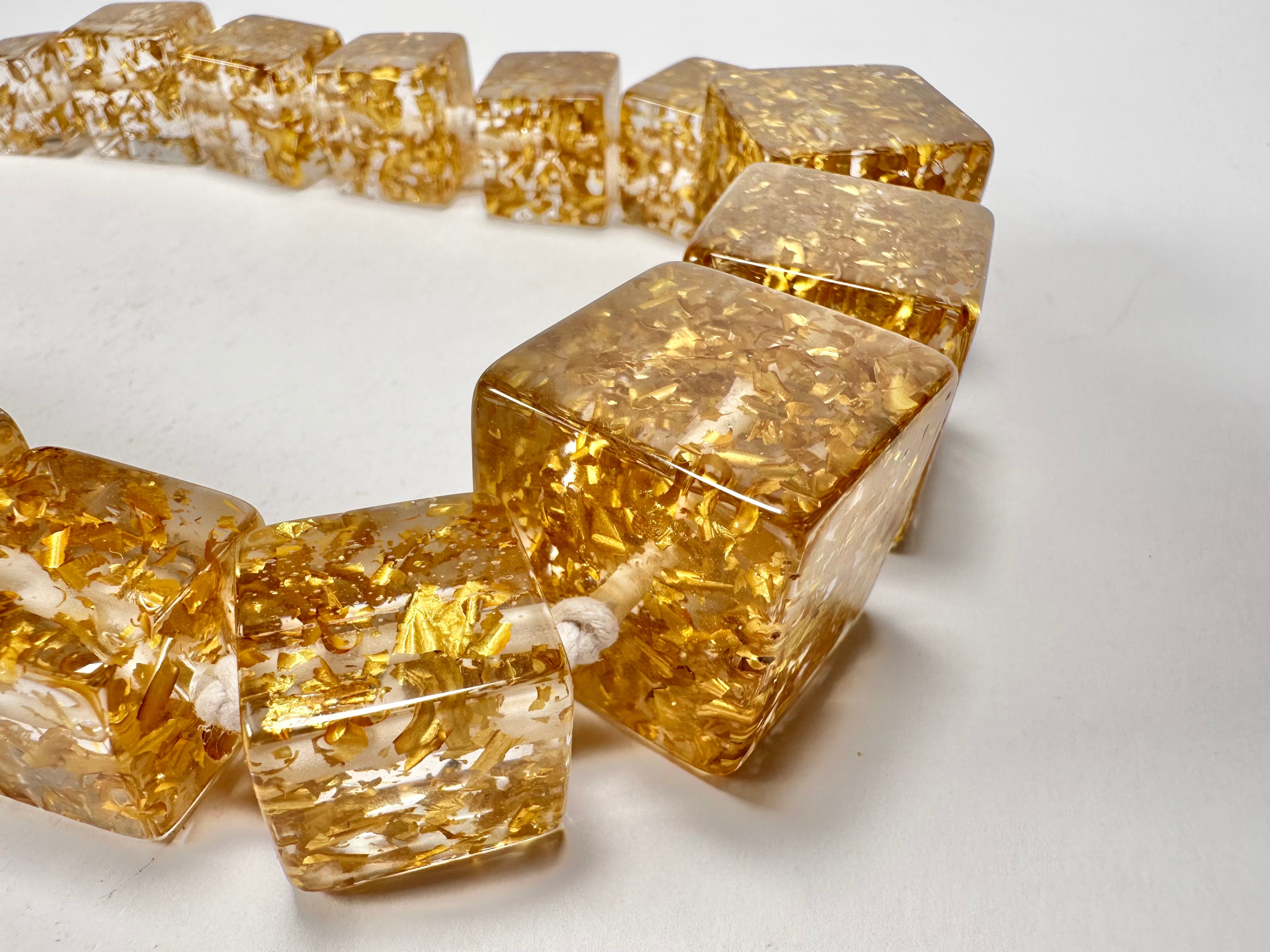 Jackie Brazil "Gold Flakes" Mix Size Liquorice Cubes Resin Necklace ( N3343 )