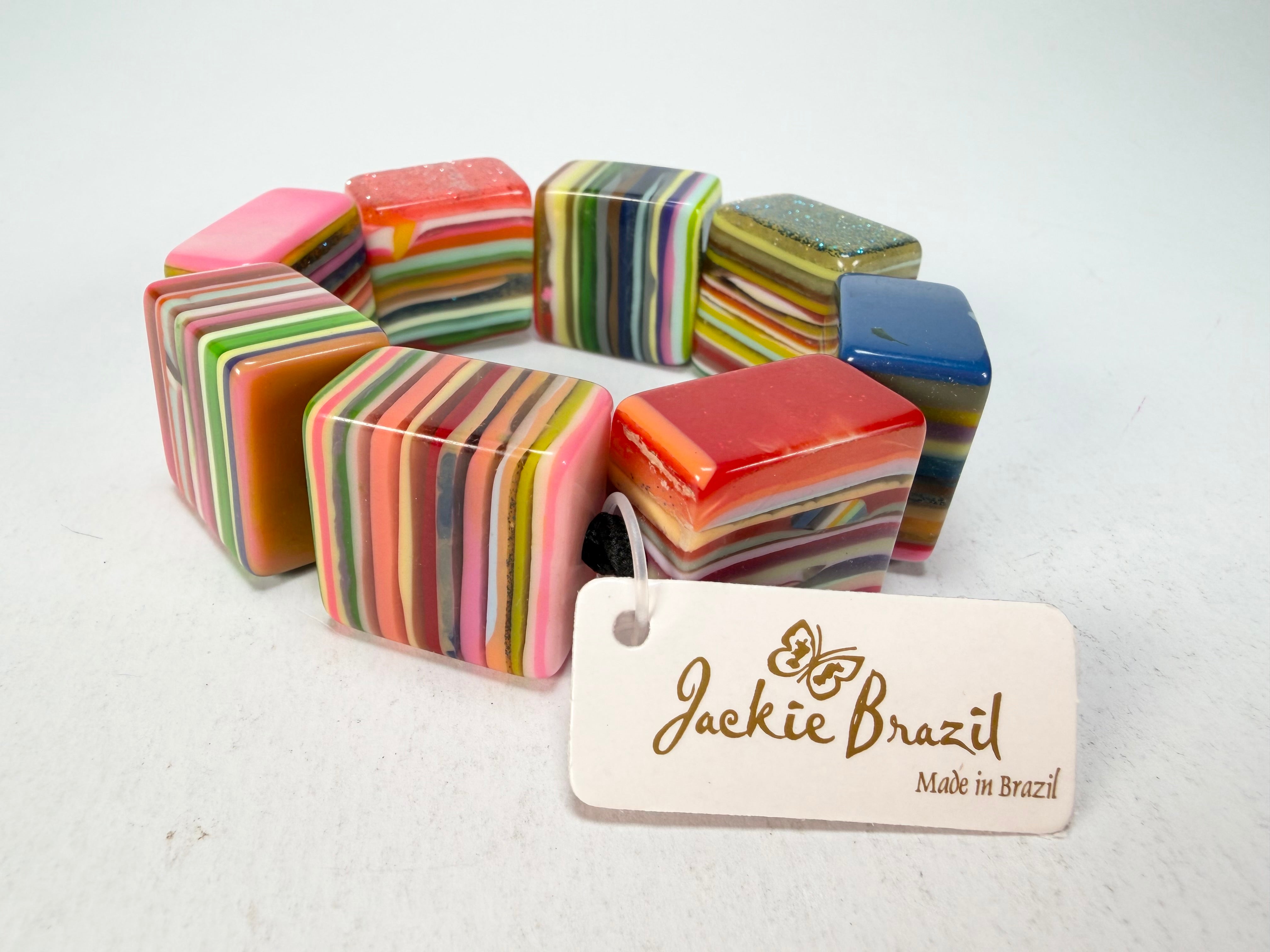 Jackie Brazil "Gala" Liquorice Half Rectangles On Elastic Spring Mix Bracelet ( B0778 )