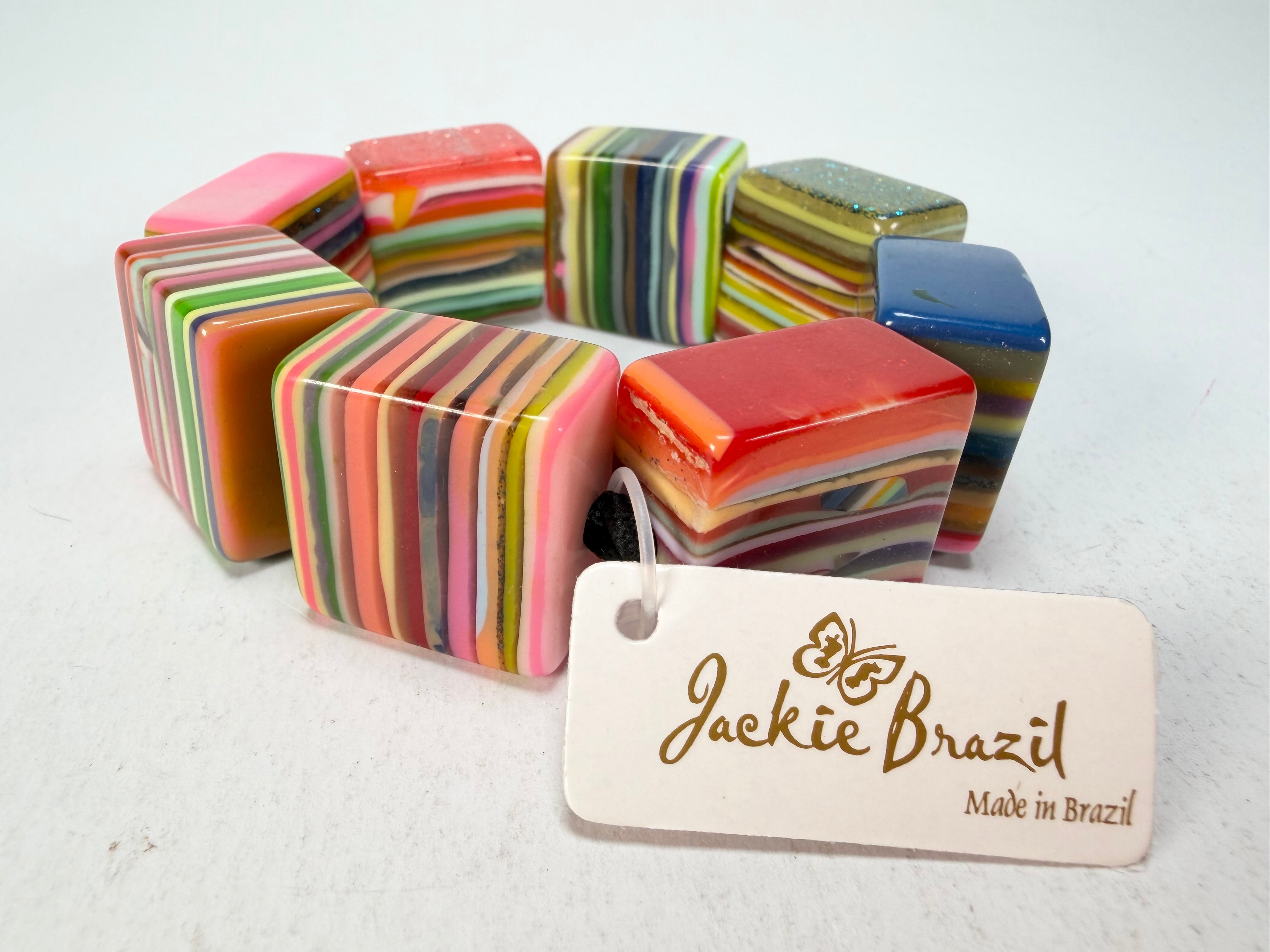 Jackie Brazil "Gala" Liquorice Half Rectangles On Elastic Spring Mix Bracelet ( B0778 )