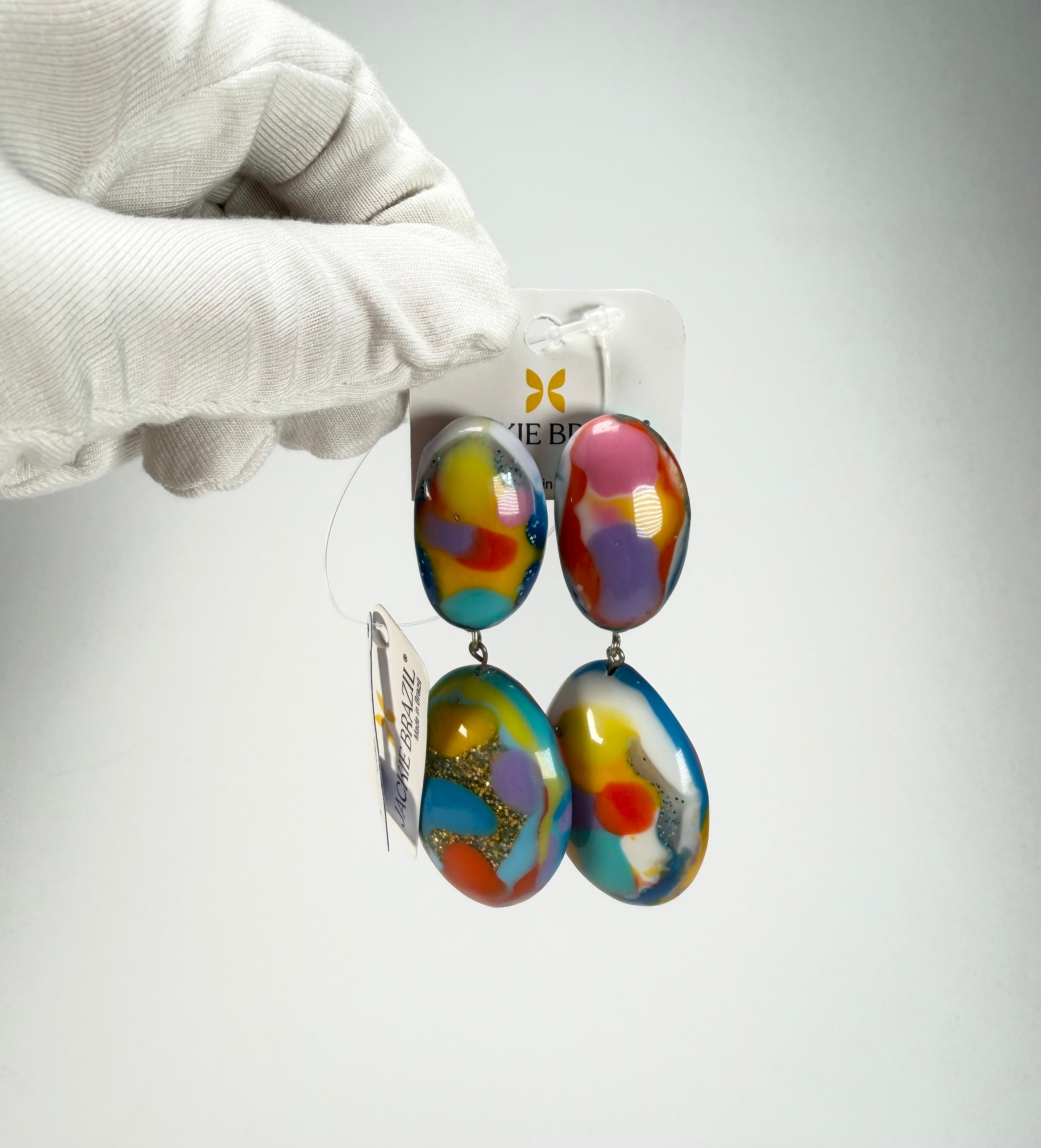 Jackie Brazil "Kandinsky" Medium Riverstone Double Pendant Resin Earrings ( E3900 )