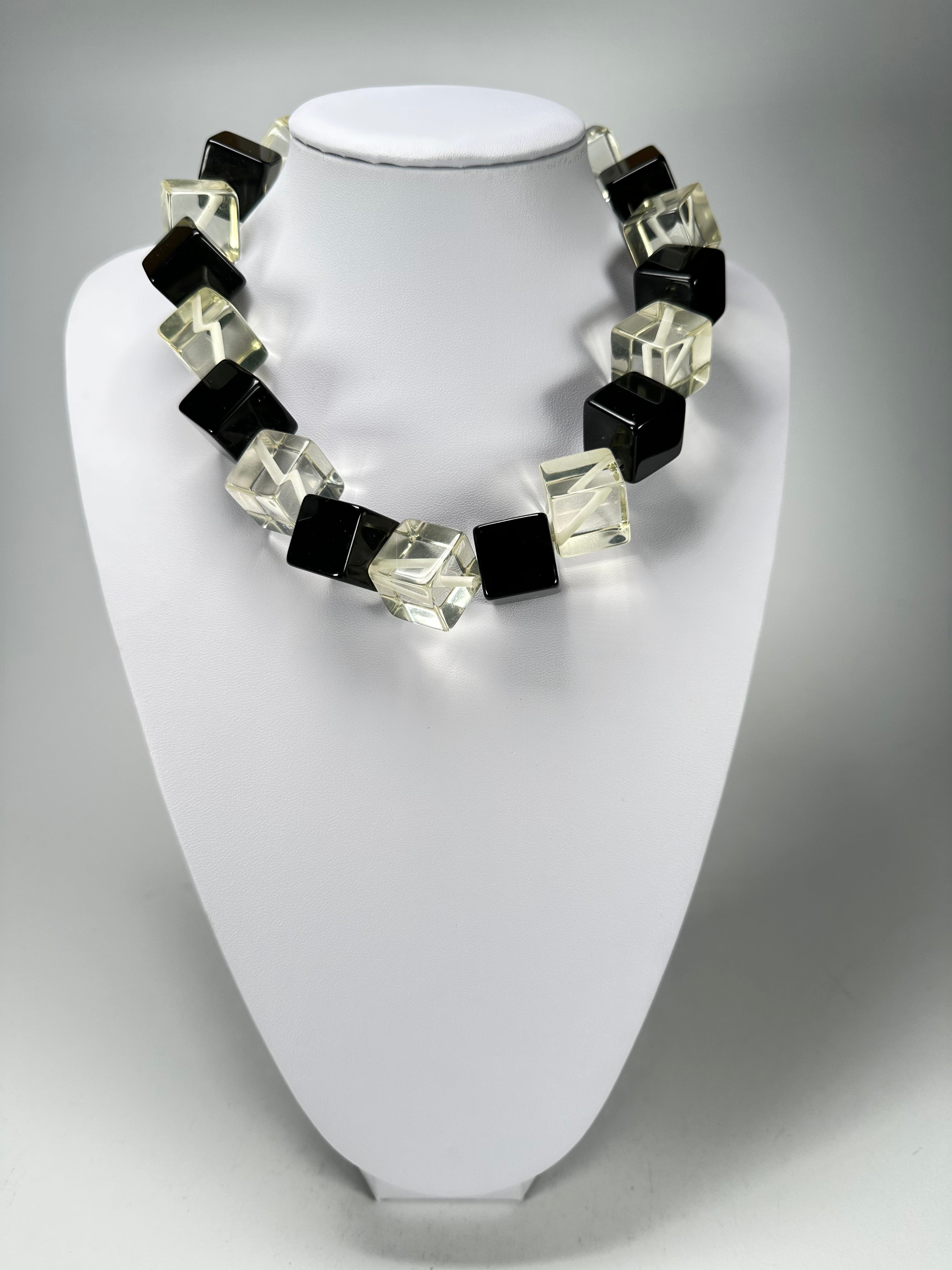 Jackie Brazil "Galactic" Black & Clear Squares Short Resin Necklace ( N2662 )