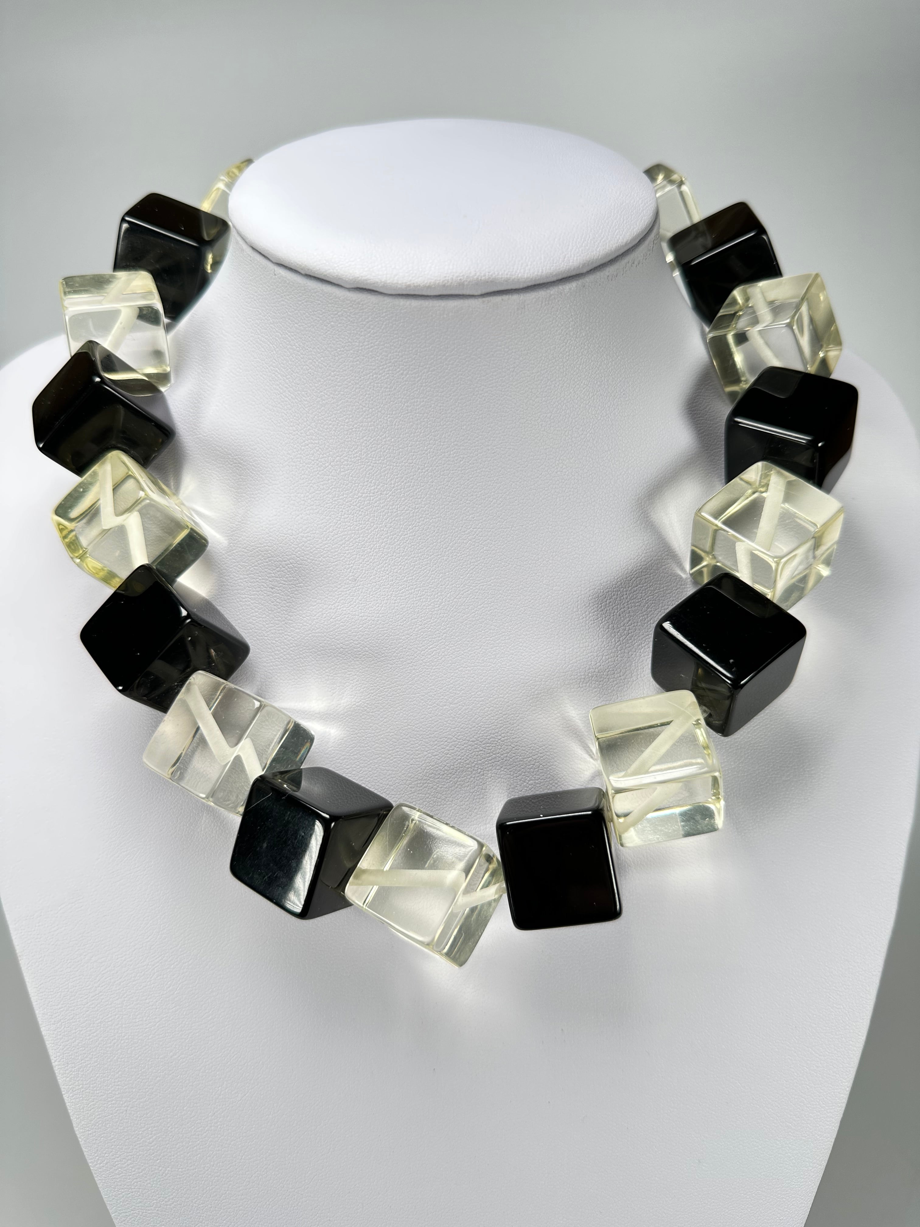 Jackie Brazil "Galactic" Black & Clear Squares Short Resin Necklace ( N2662 )