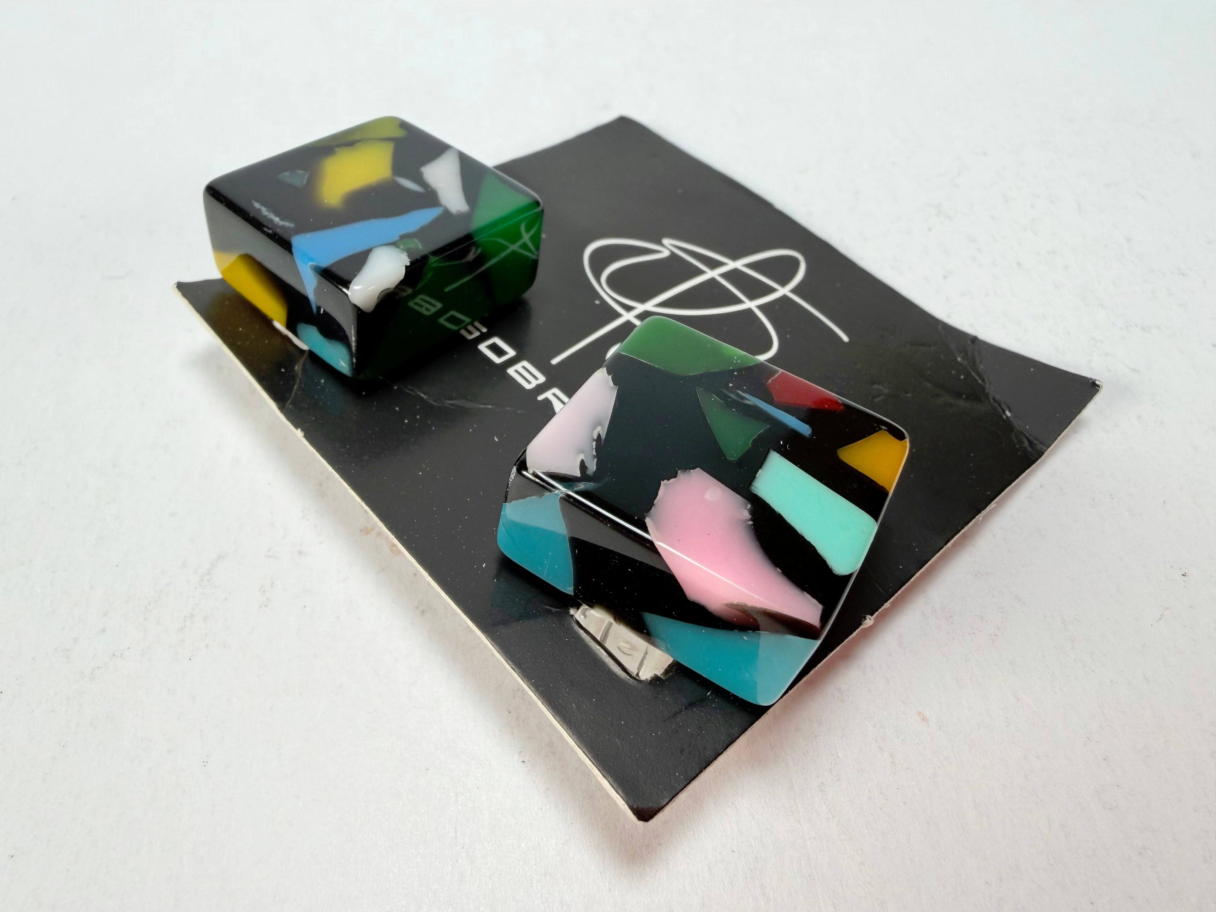 Jackie Brazil "Akbar" Art Deco Square Clip On Resin Earrings ( E3073 )