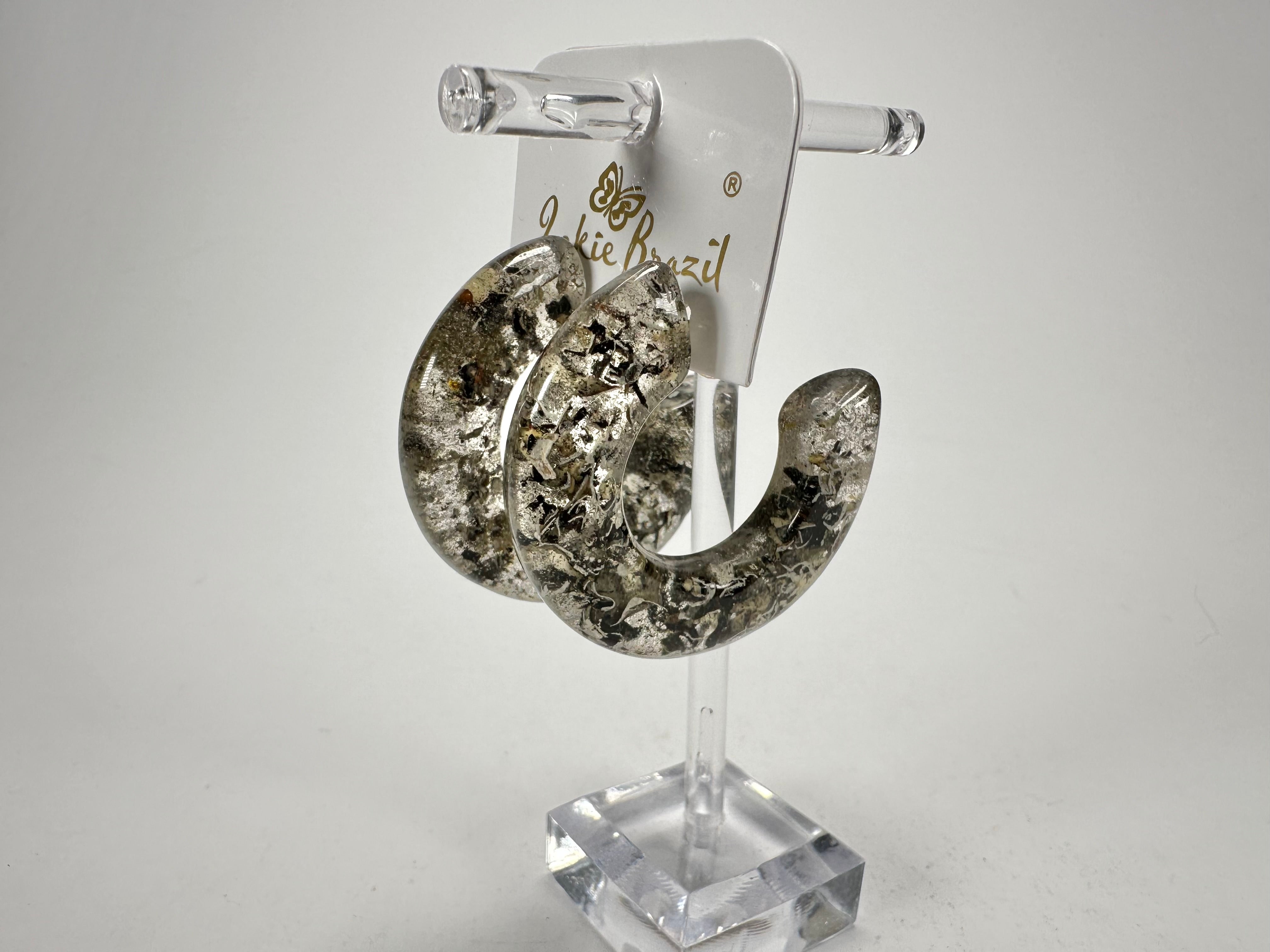 Jackie Brazil "Lucia" Seaweed Thick Half Hoop On Pin Resin Earrings ( E0035 )