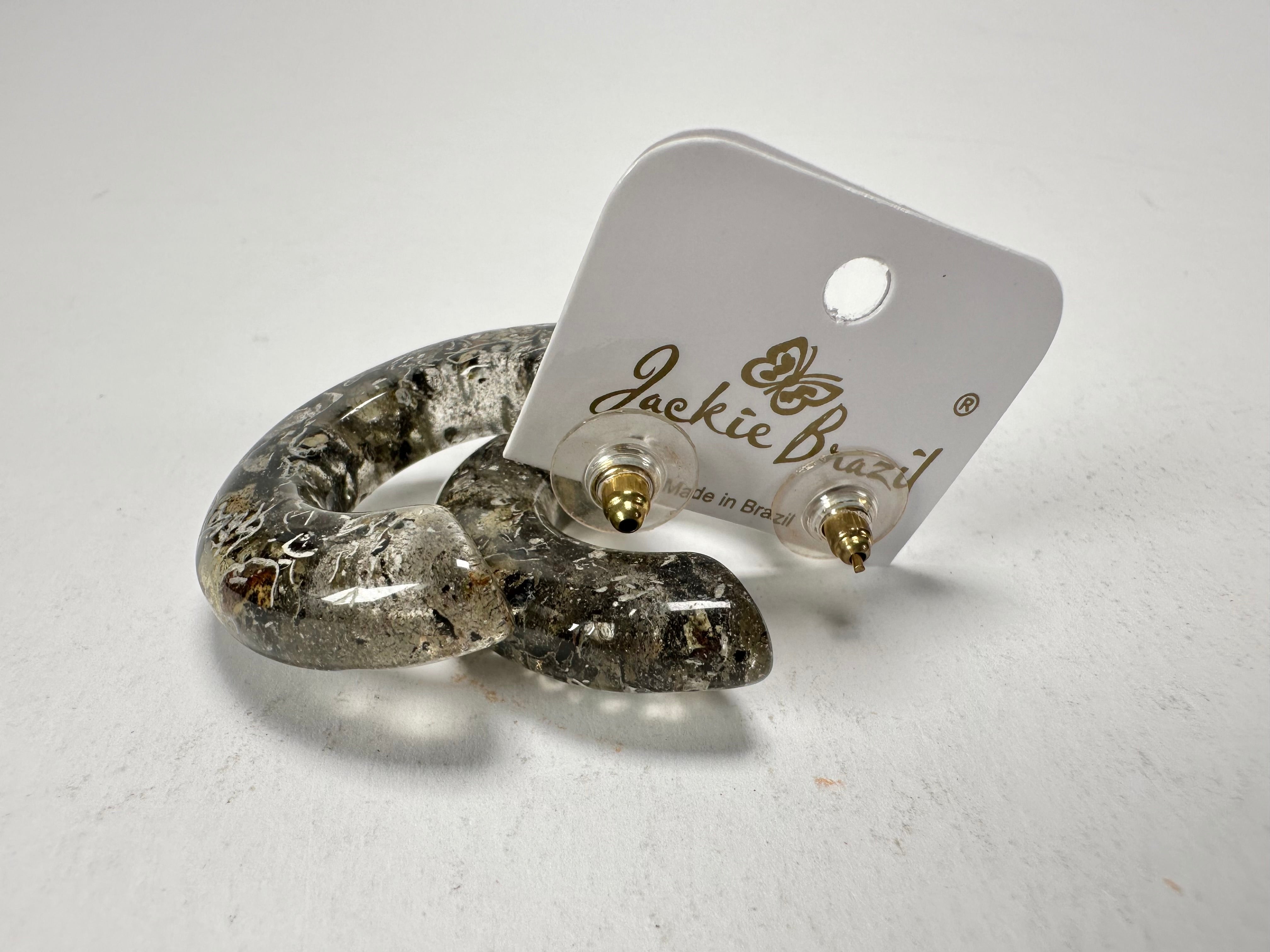 Jackie Brazil "Lucia" Seaweed Thick Half Hoop On Pin Resin Earrings ( E0035 )