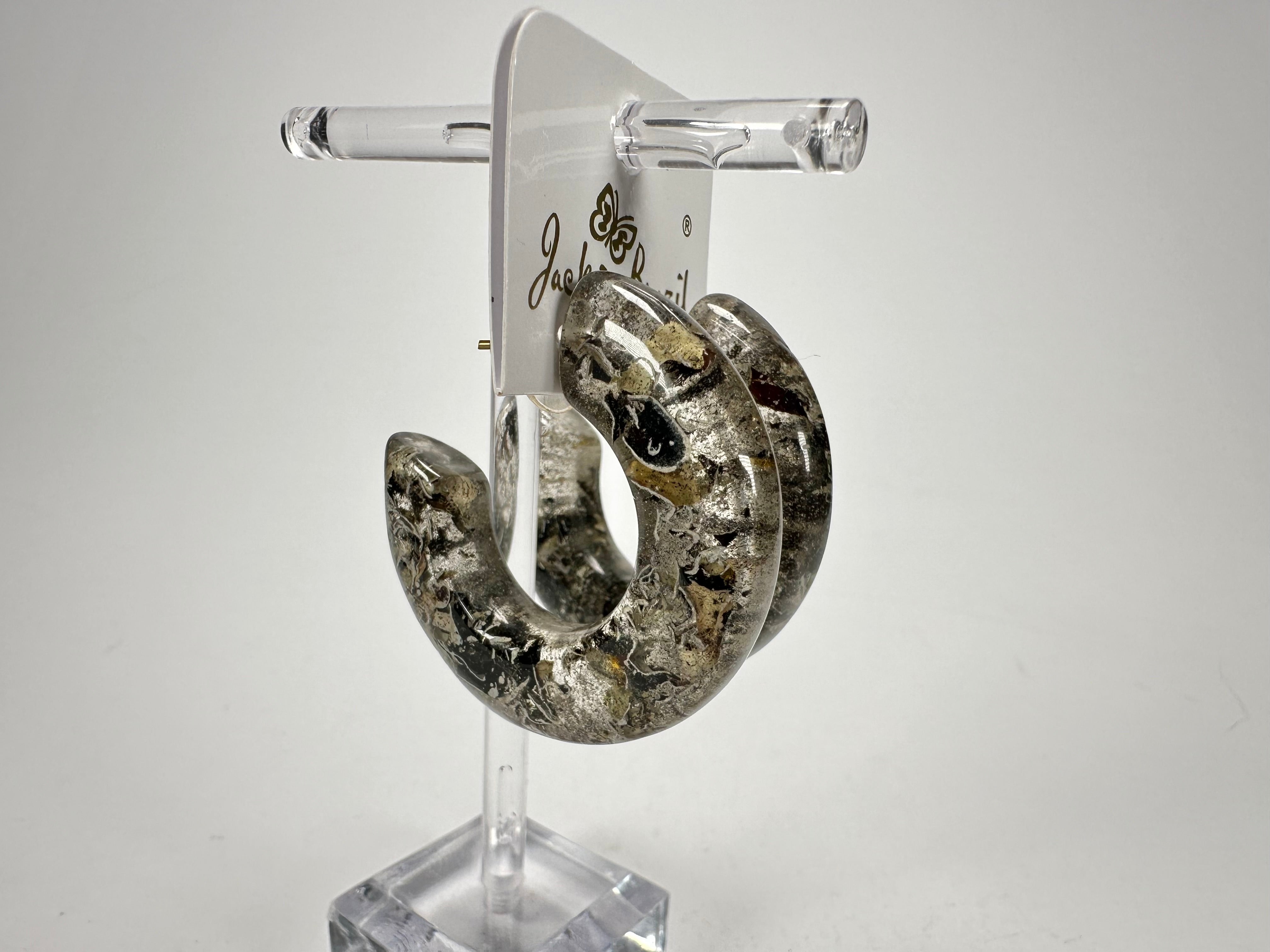 Jackie Brazil "Lucia" Seaweed Thick Half Hoop On Pin Resin Earrings ( E0035 )