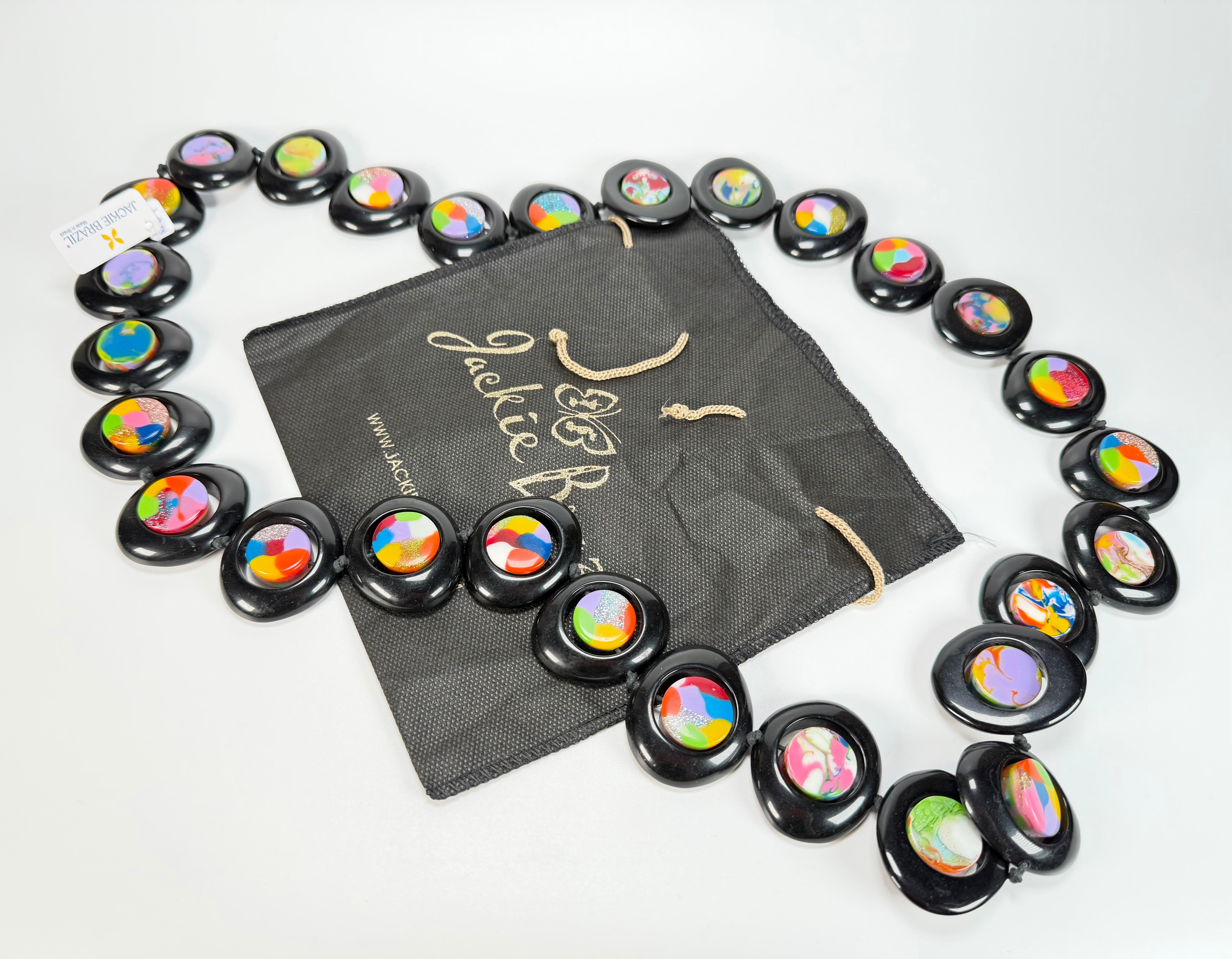 Jackie Brazil "Saturn" Black & Kandinsky Disc & Cylinder Long 110cm Necklace ( N0067 )