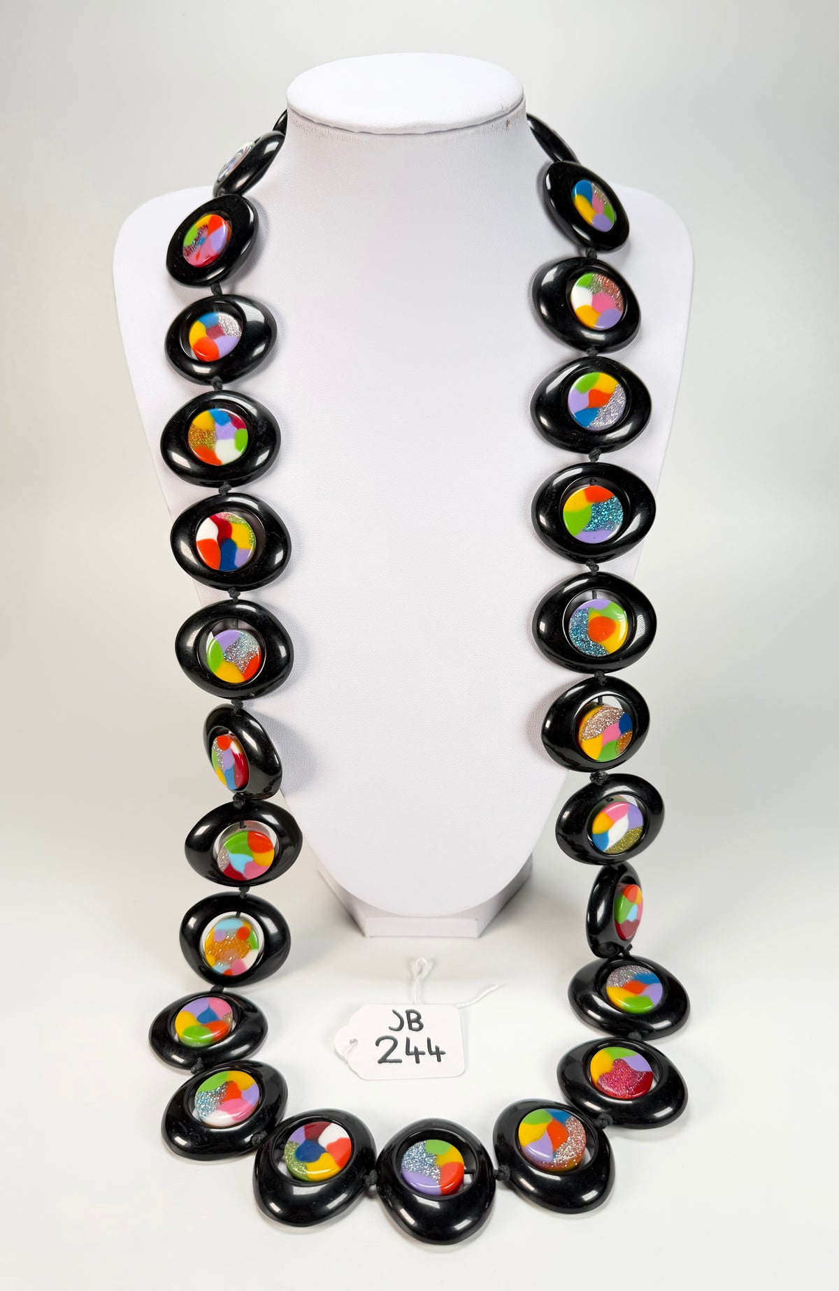 Jackie Brazil "Saturn" Black & Kandinsky Disc & Cylinder Long 110cm Necklace ( N0067 )