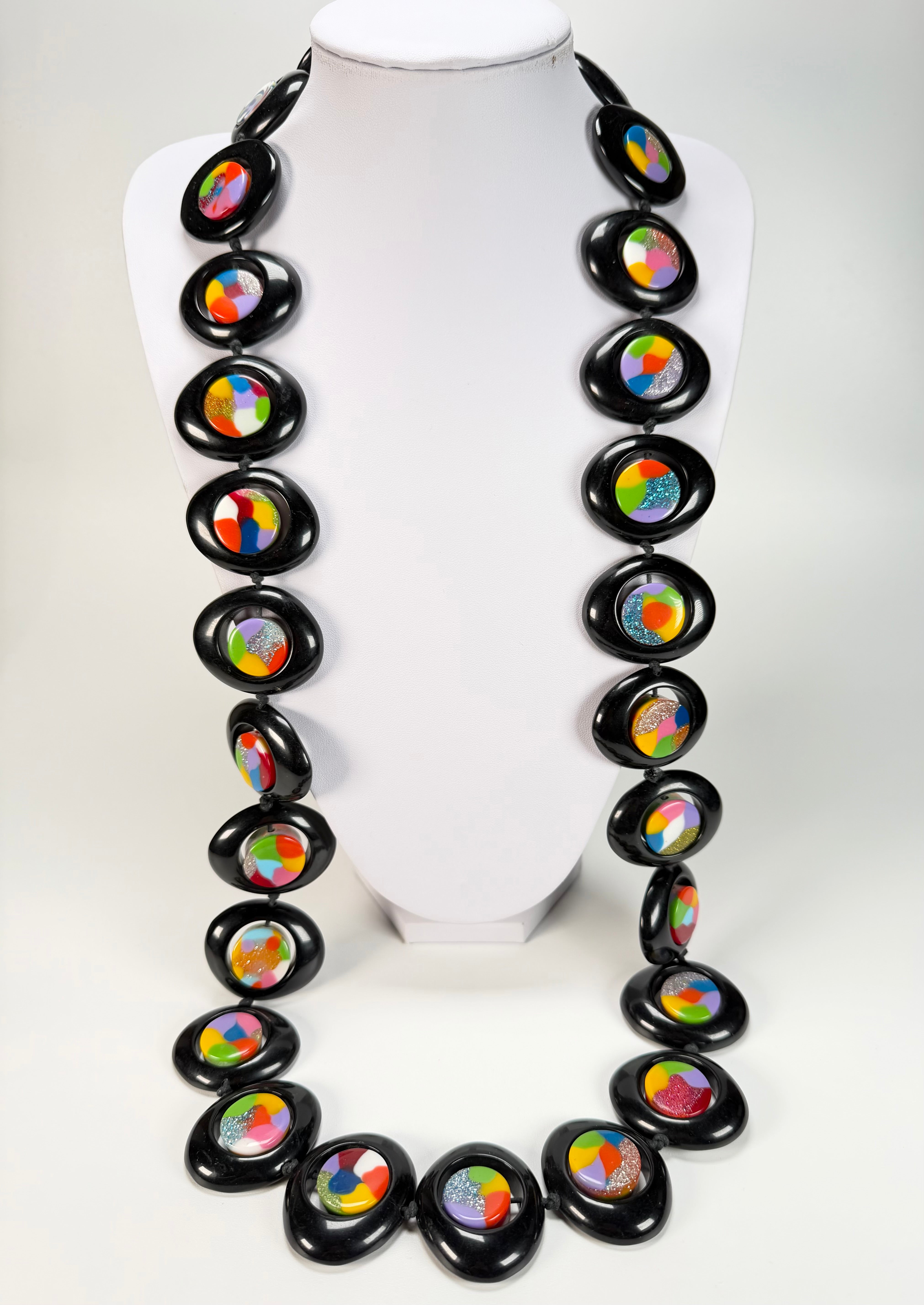 Jackie Brazil "Saturn" Black & Kandinsky Disc & Cylinder Long 110cm Necklace ( N0067 )