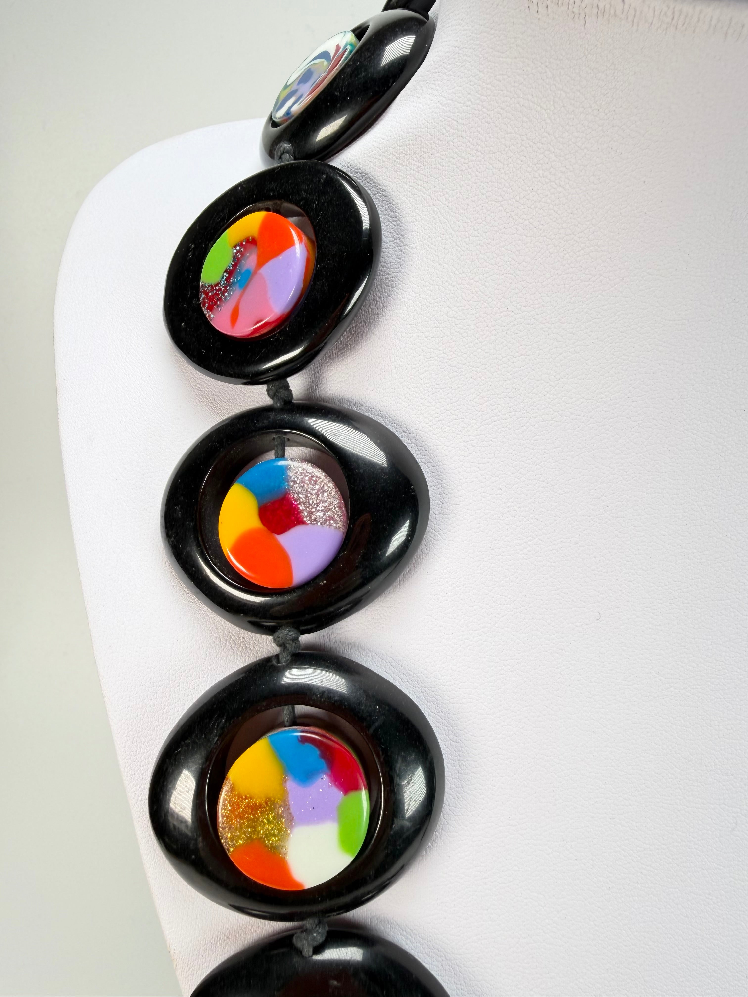 Jackie Brazil "Saturn" Black & Kandinsky Disc & Cylinder Long 110cm Necklace ( N0067 )