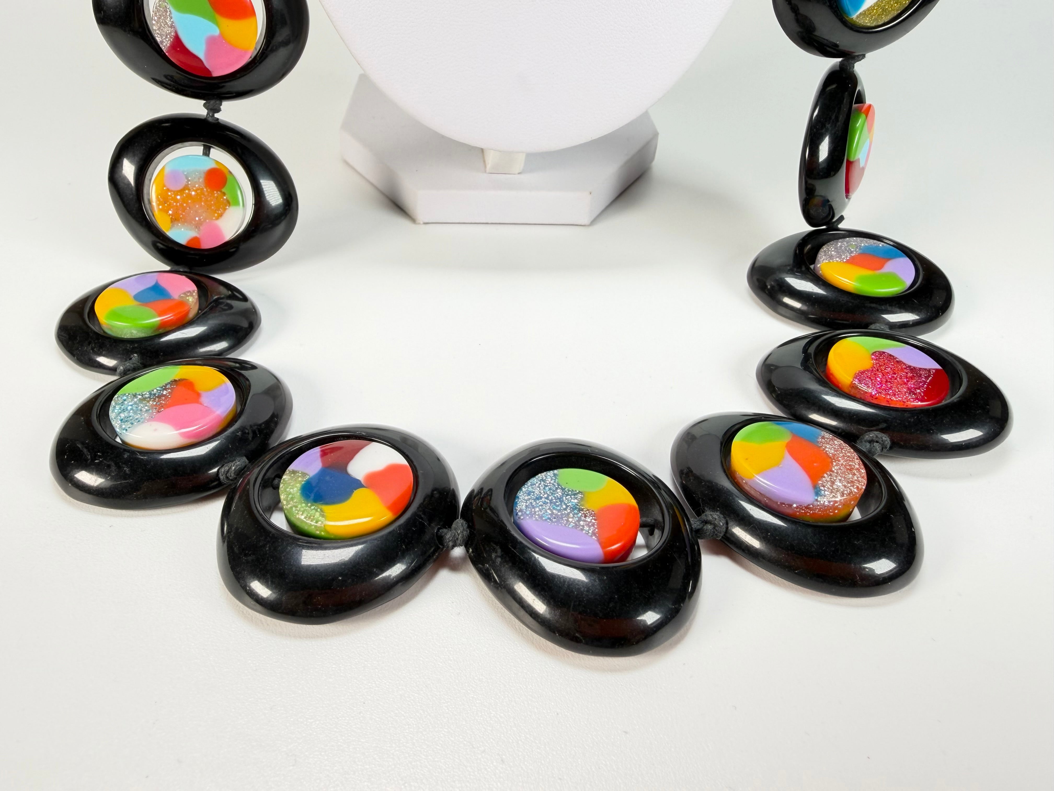 Jackie Brazil "Saturn" Black & Kandinsky Disc & Cylinder Long 110cm Necklace ( N0067 )