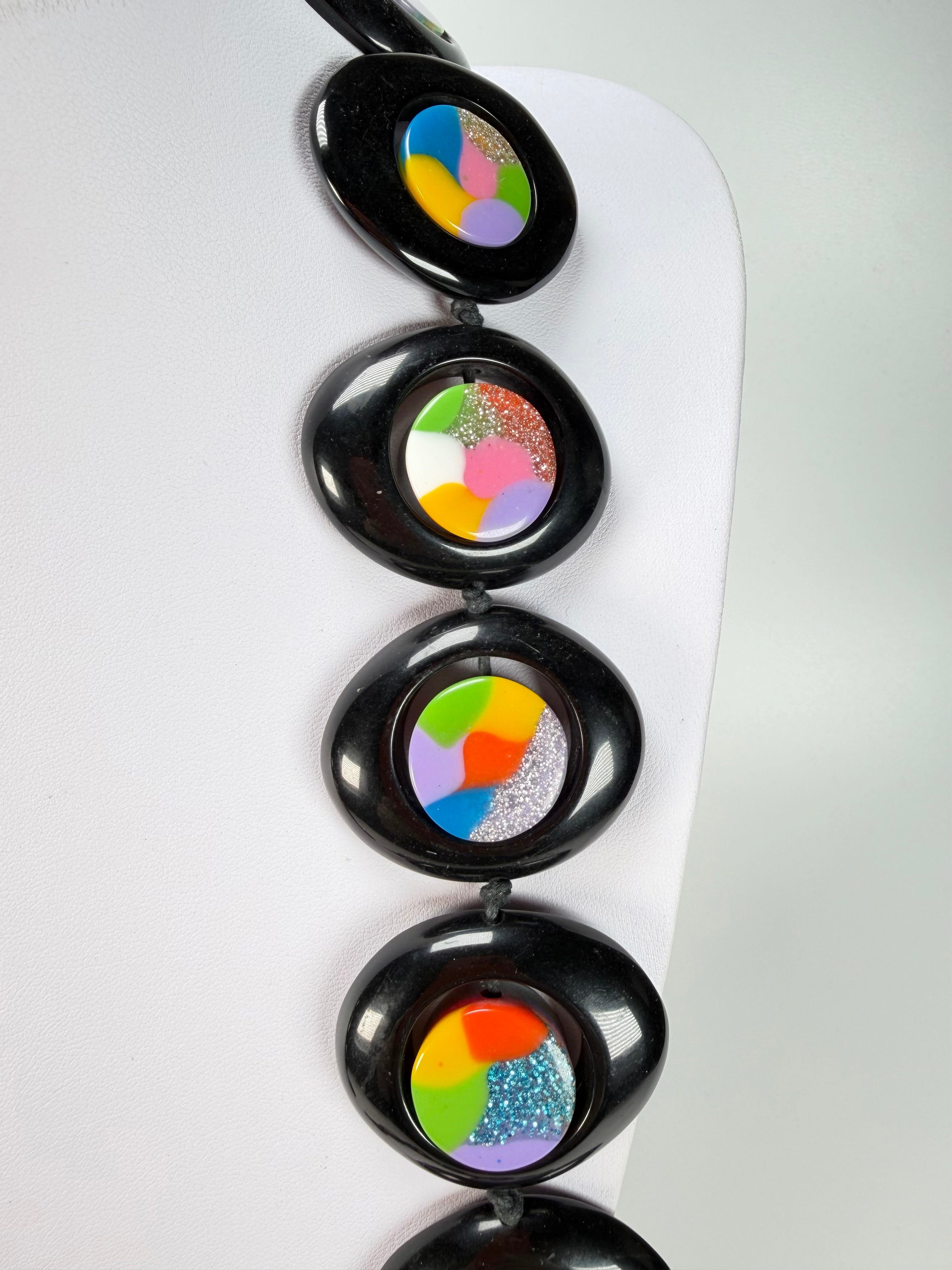 Jackie Brazil "Saturn" Black & Kandinsky Disc & Cylinder Long 110cm Necklace ( N0067 )