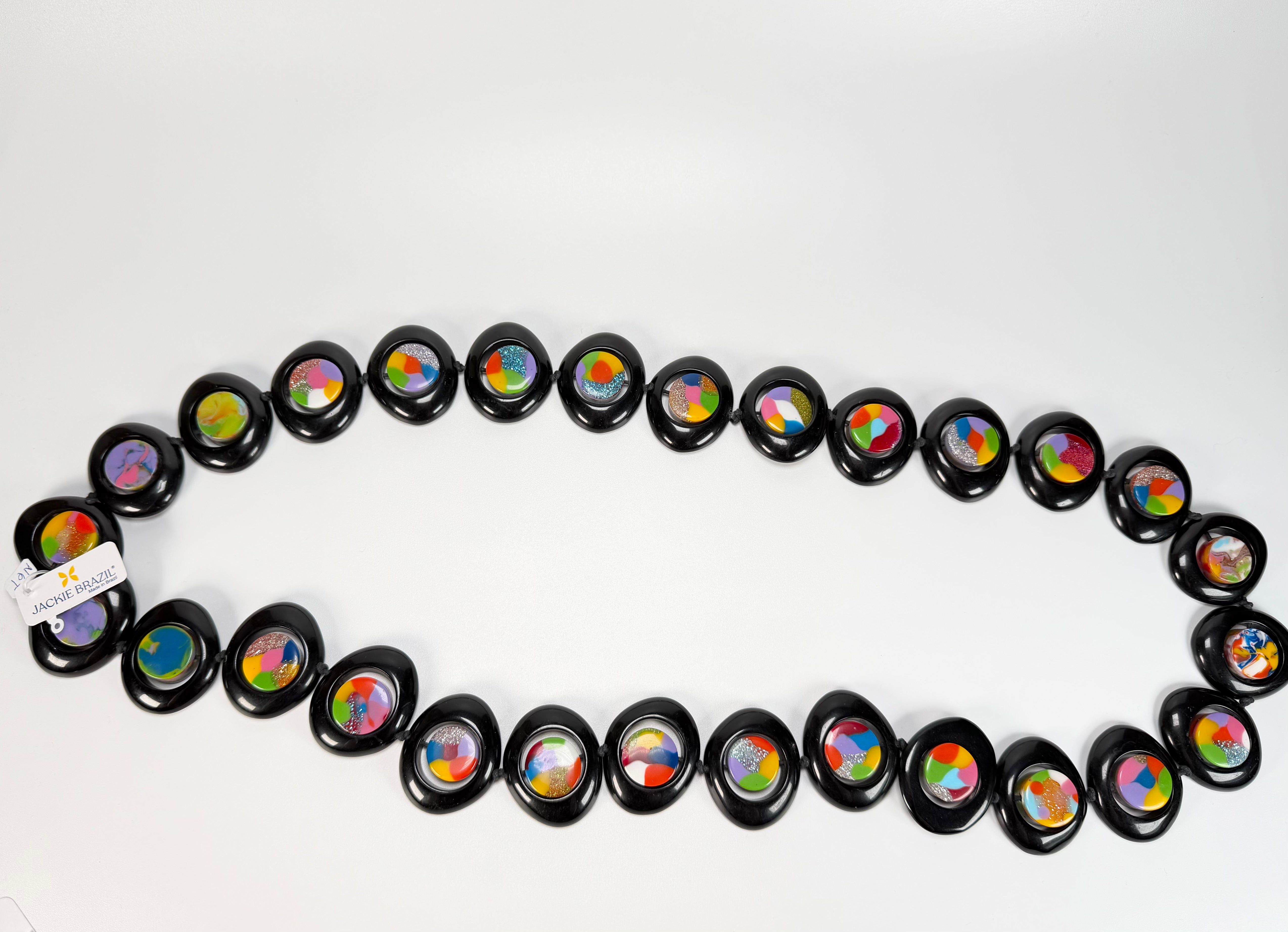 Jackie Brazil "Saturn" Black & Kandinsky Disc & Cylinder Long 110cm Necklace ( N0067 )