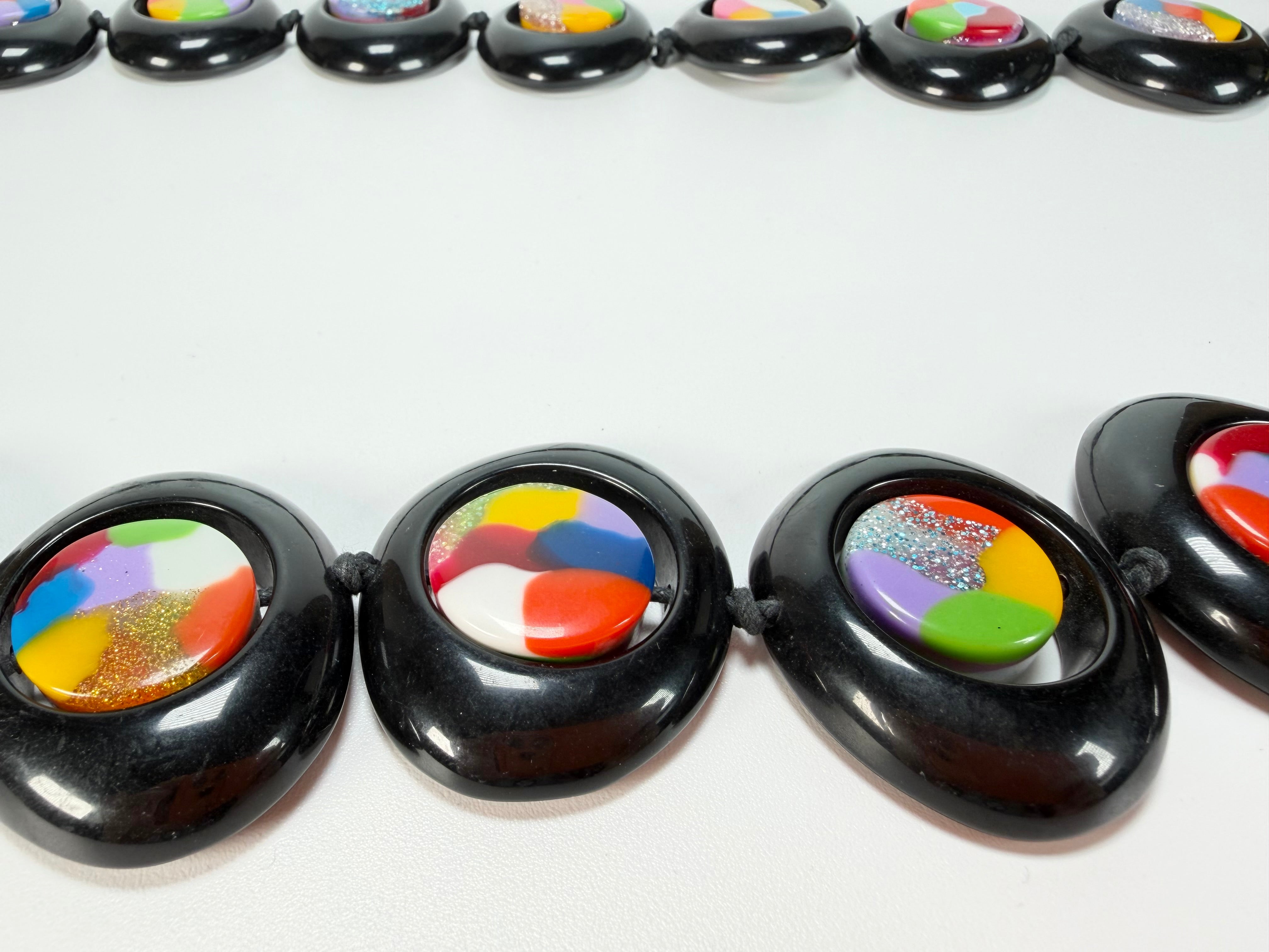 Jackie Brazil "Saturn" Black & Kandinsky Disc & Cylinder Long 110cm Necklace ( N0067 )