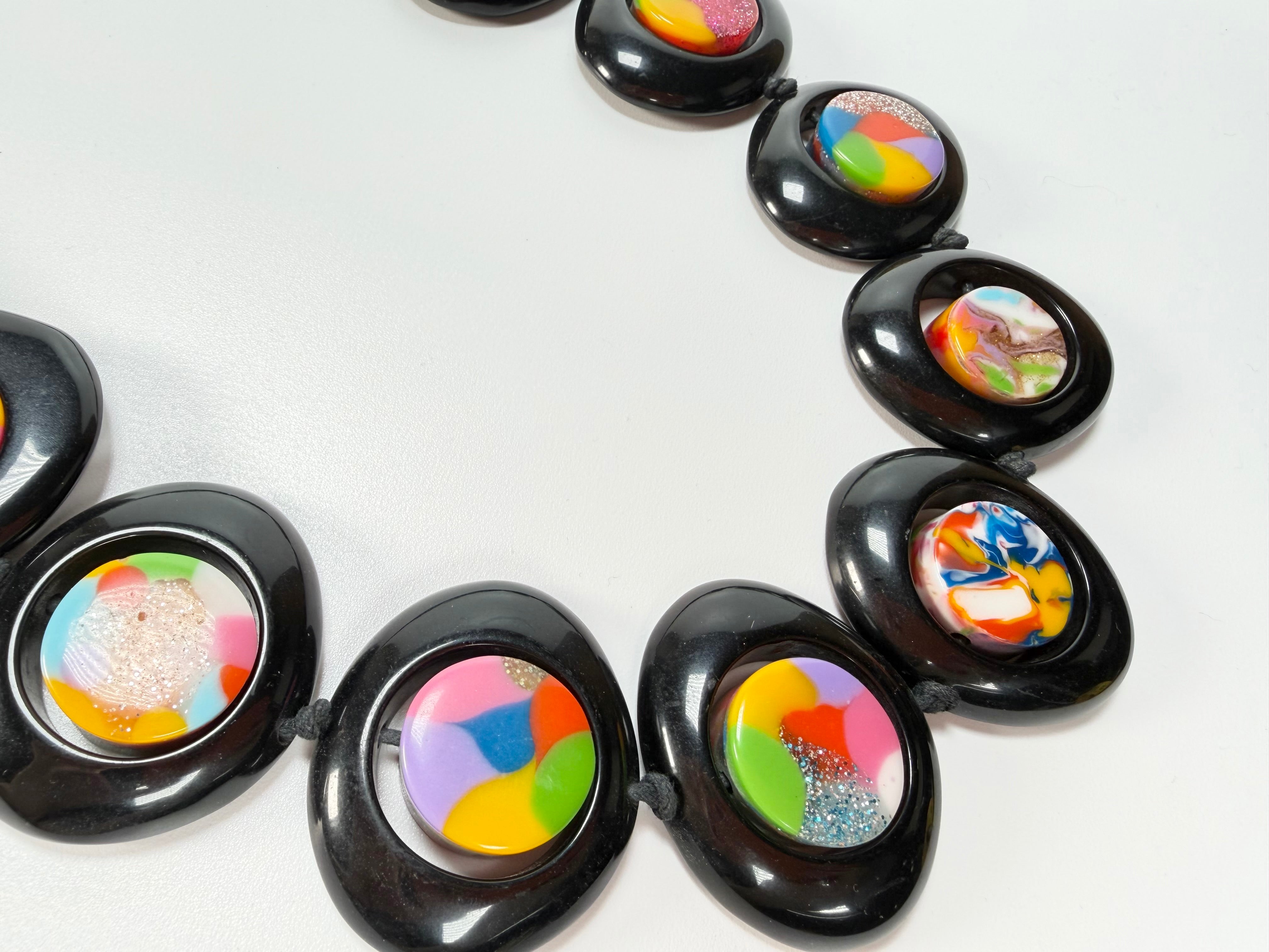 Jackie Brazil "Saturn" Black & Kandinsky Disc & Cylinder Long 110cm Necklace ( N0067 )