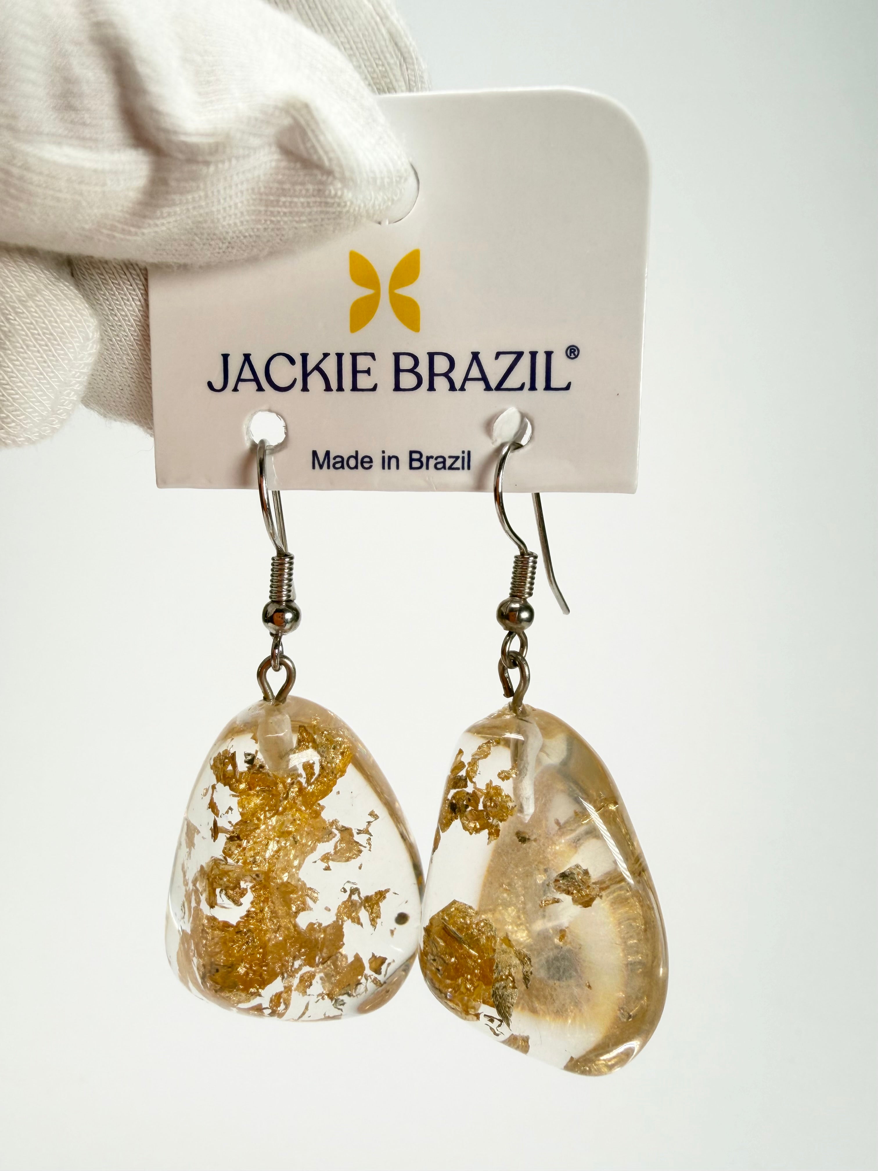 Jackie Brazil "Diamond" Gold Flakes Flinstone on Hook Resin Earrings ( E0700 )