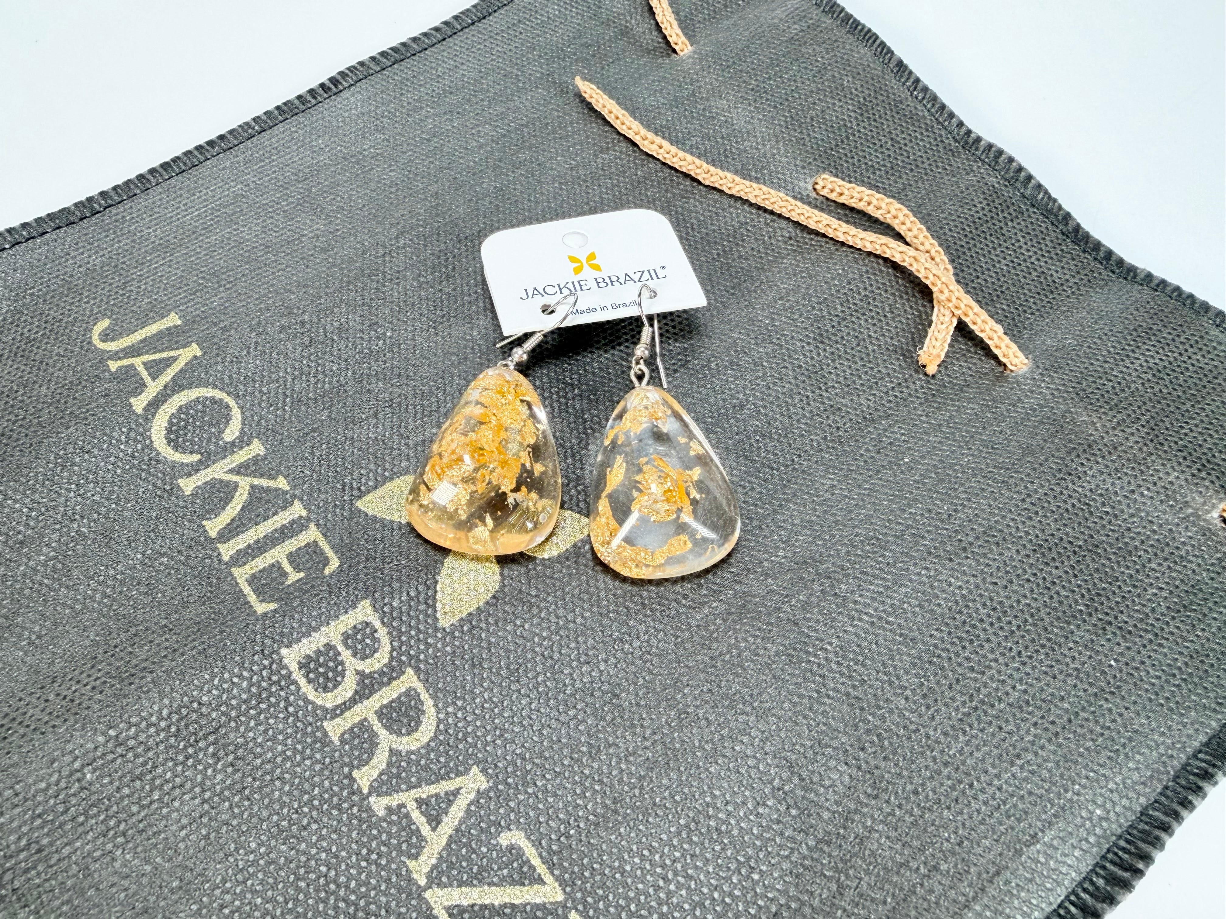 Jackie Brazil "Diamond" Gold Flakes Flinstone on Hook Resin Earrings ( E0700 )