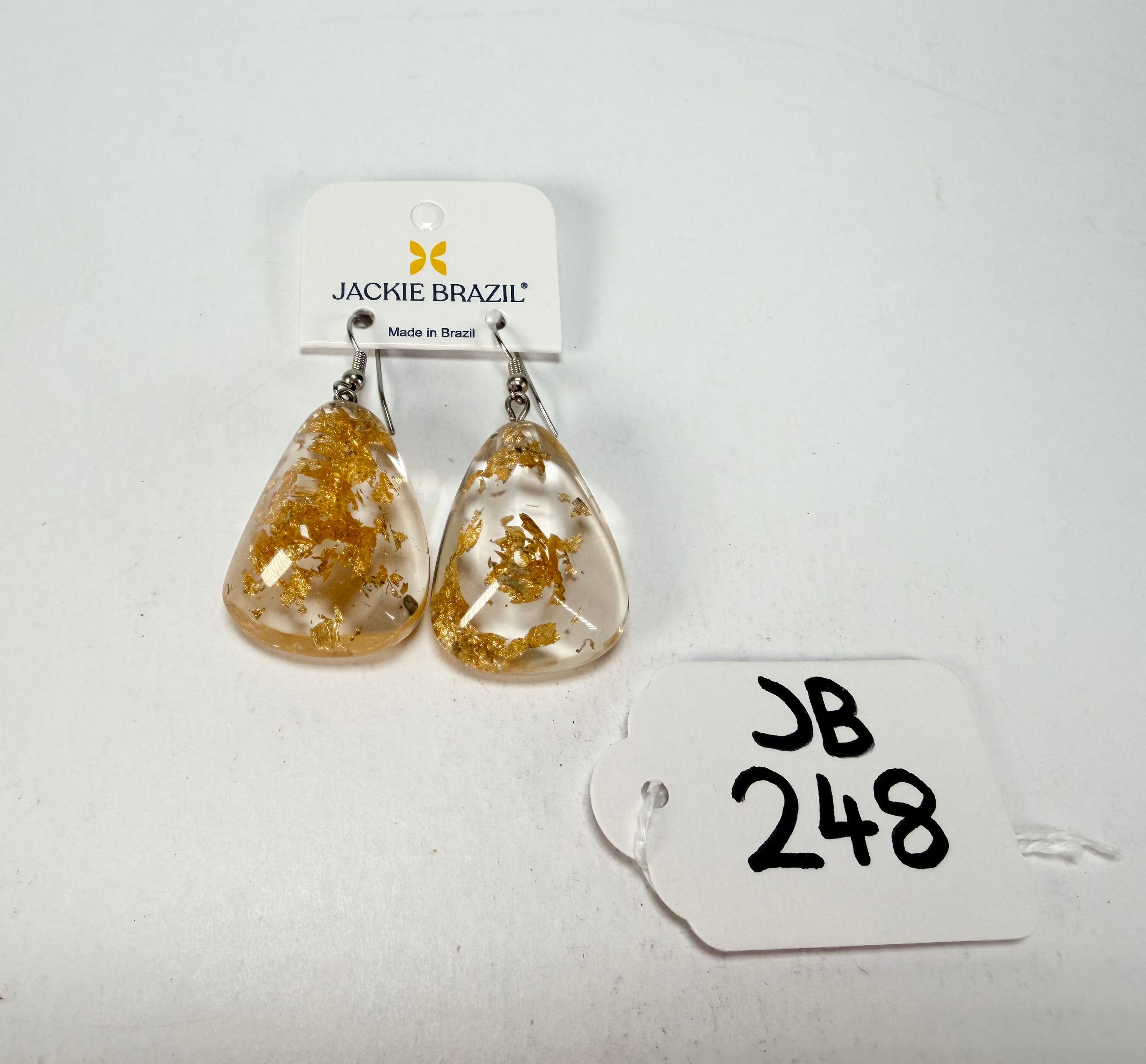 Jackie Brazil "Diamond" Gold Flakes Flinstone on Hook Resin Earrings ( E0700 )
