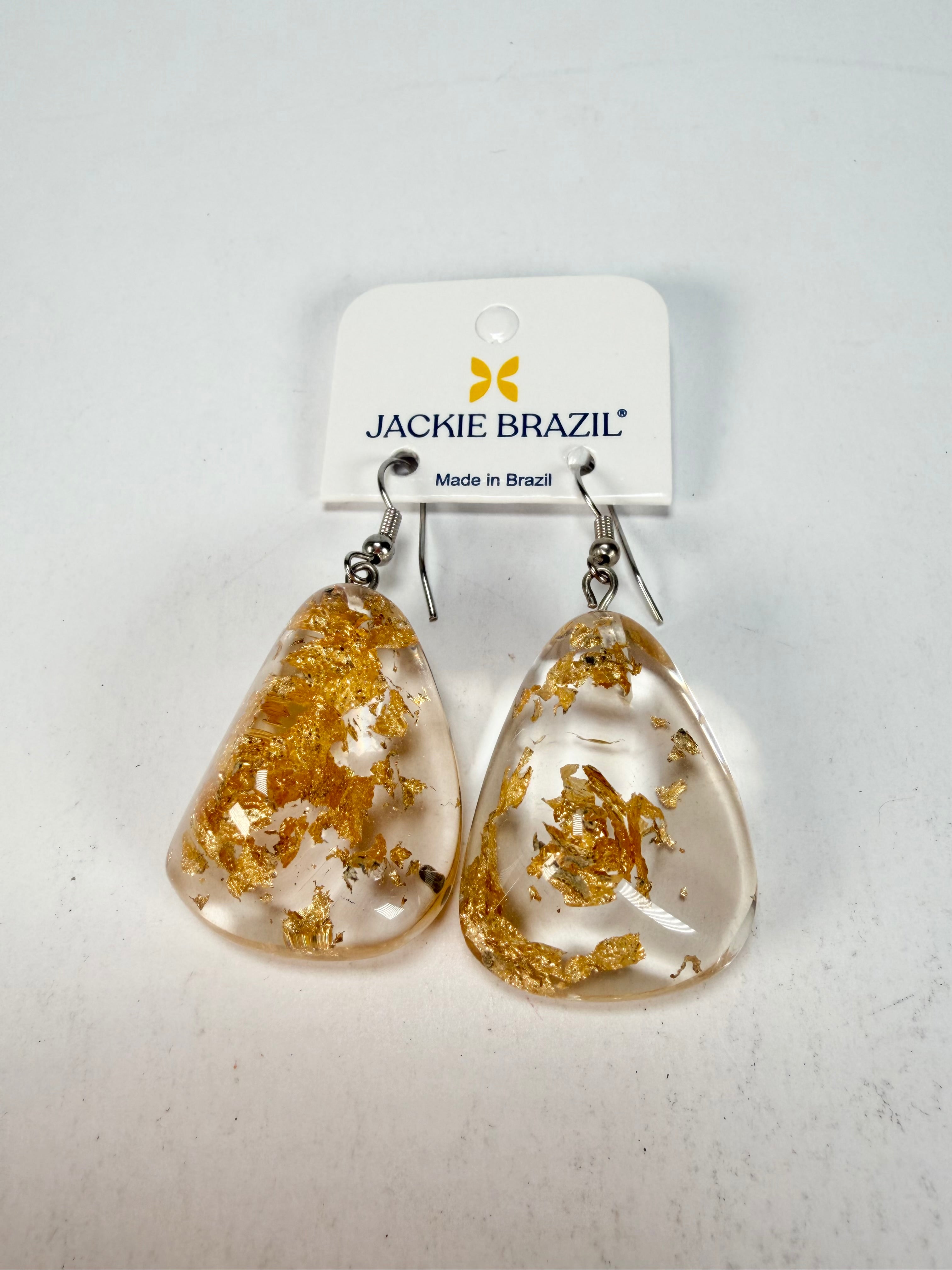 Jackie Brazil "Diamond" Gold Flakes Flinstone on Hook Resin Earrings ( E0700 )