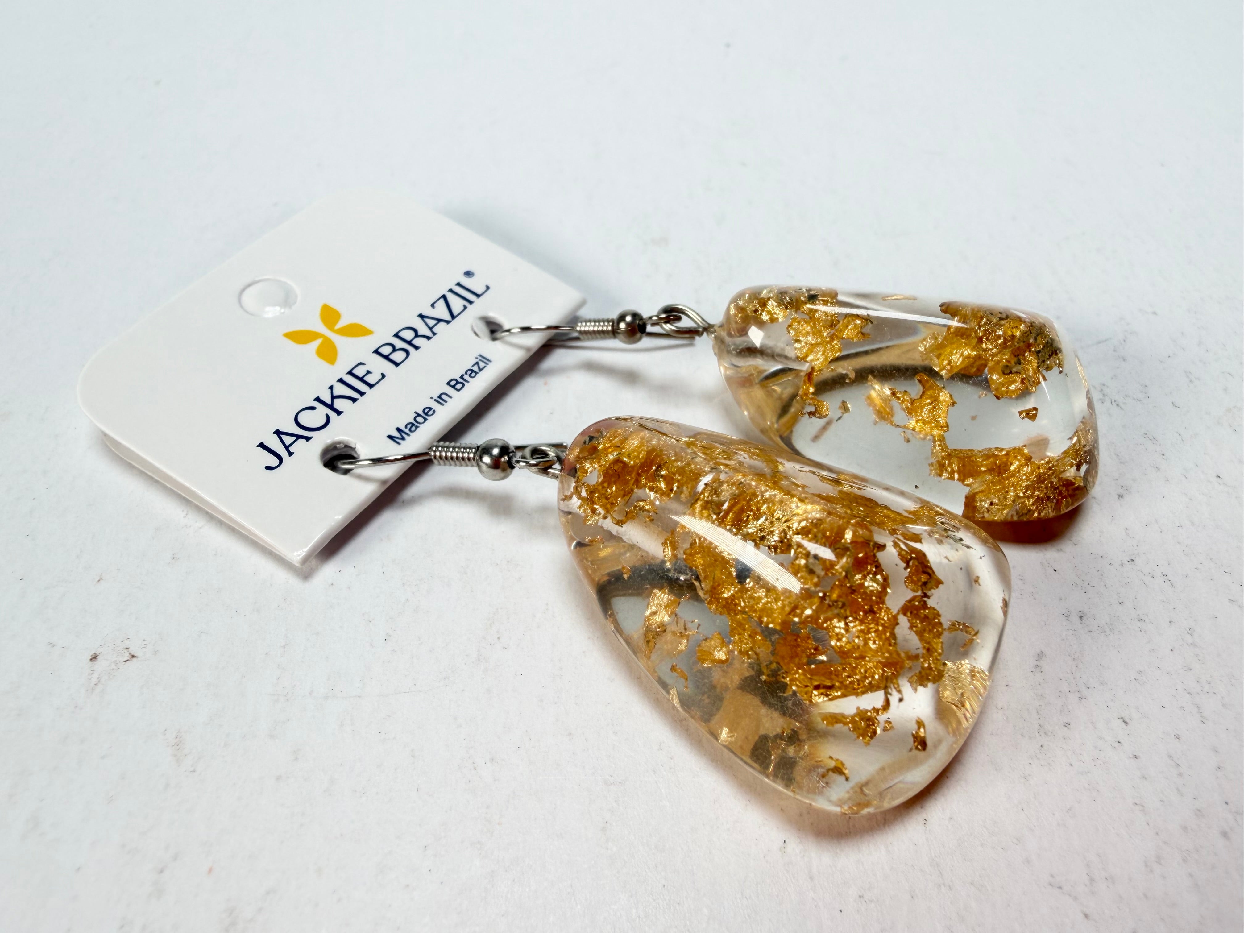 Jackie Brazil "Diamond" Gold Flakes Flinstone on Hook Resin Earrings ( E0700 )