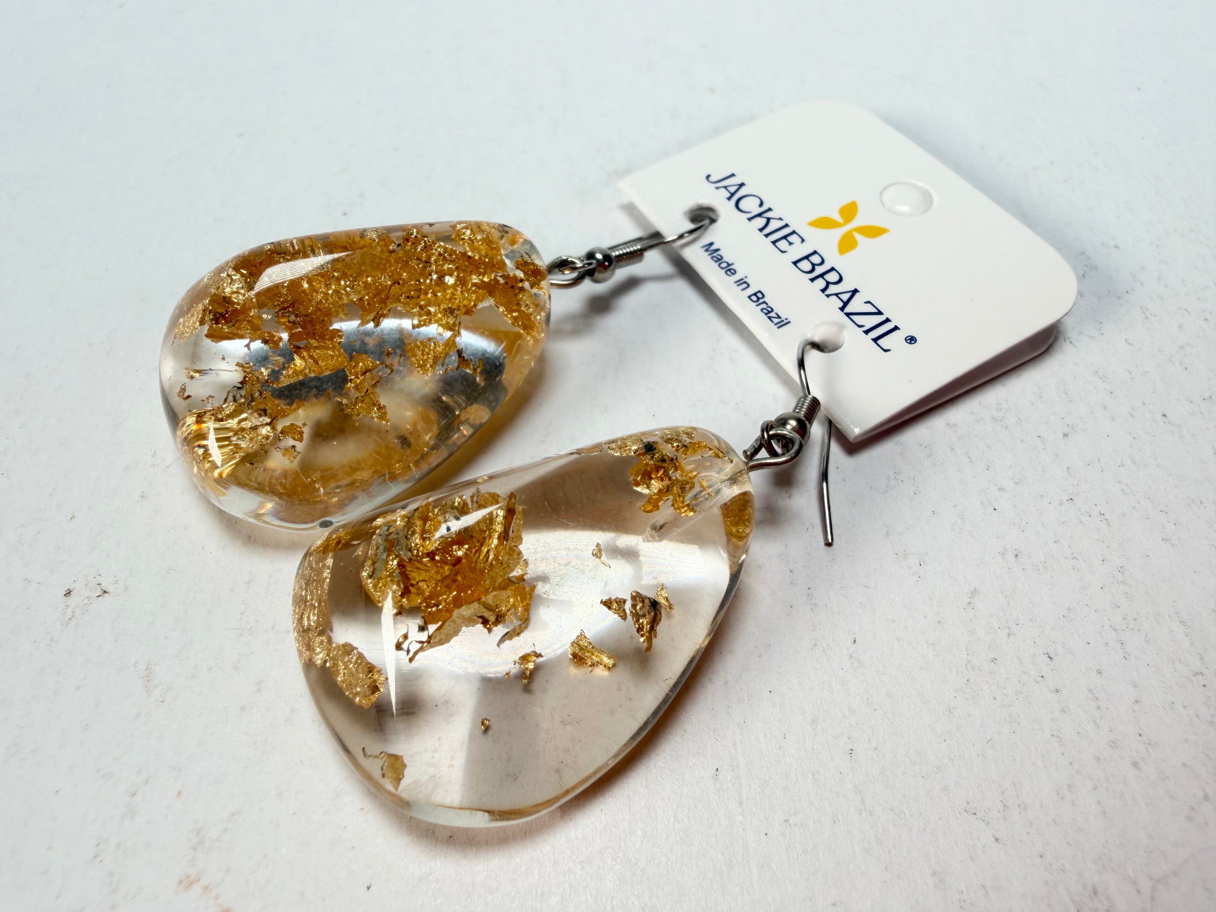 Jackie Brazil "Diamond" Gold Flakes Flinstone on Hook Resin Earrings ( E0700 )
