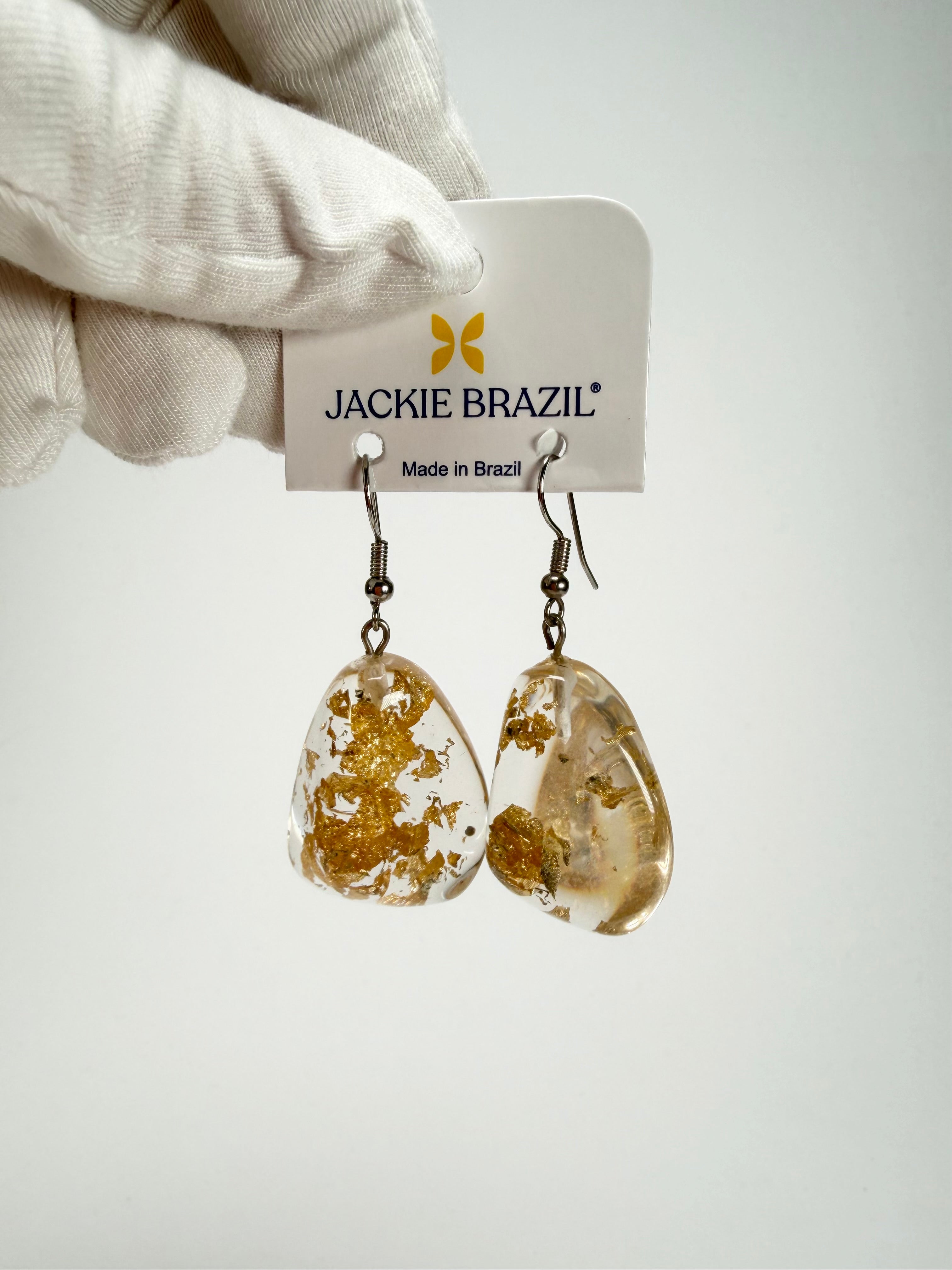 Jackie Brazil "Diamond" Gold Flakes Flinstone on Hook Resin Earrings ( E0700 )
