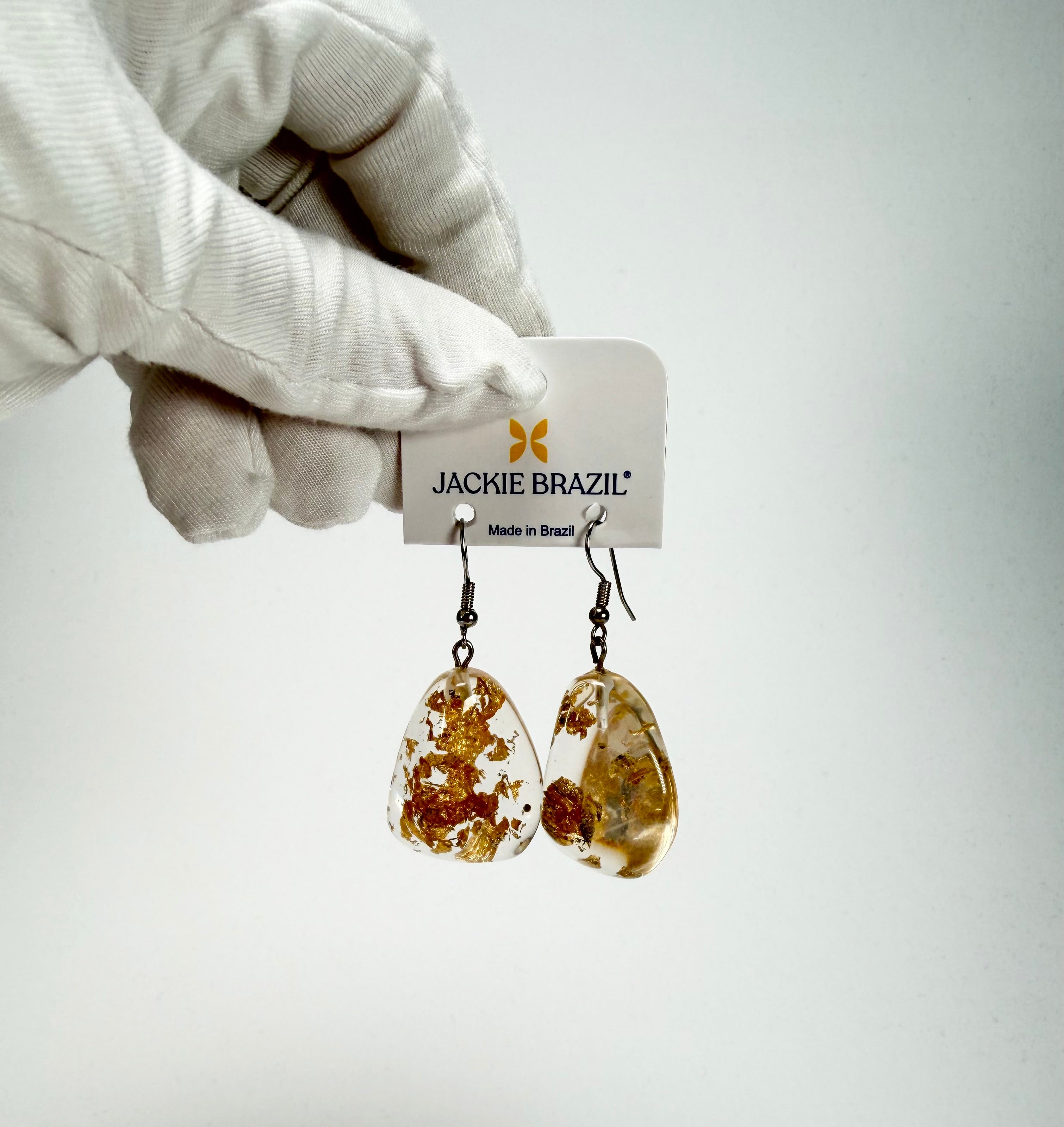 Jackie Brazil "Diamond" Gold Flakes Flinstone on Hook Resin Earrings ( E0700 )