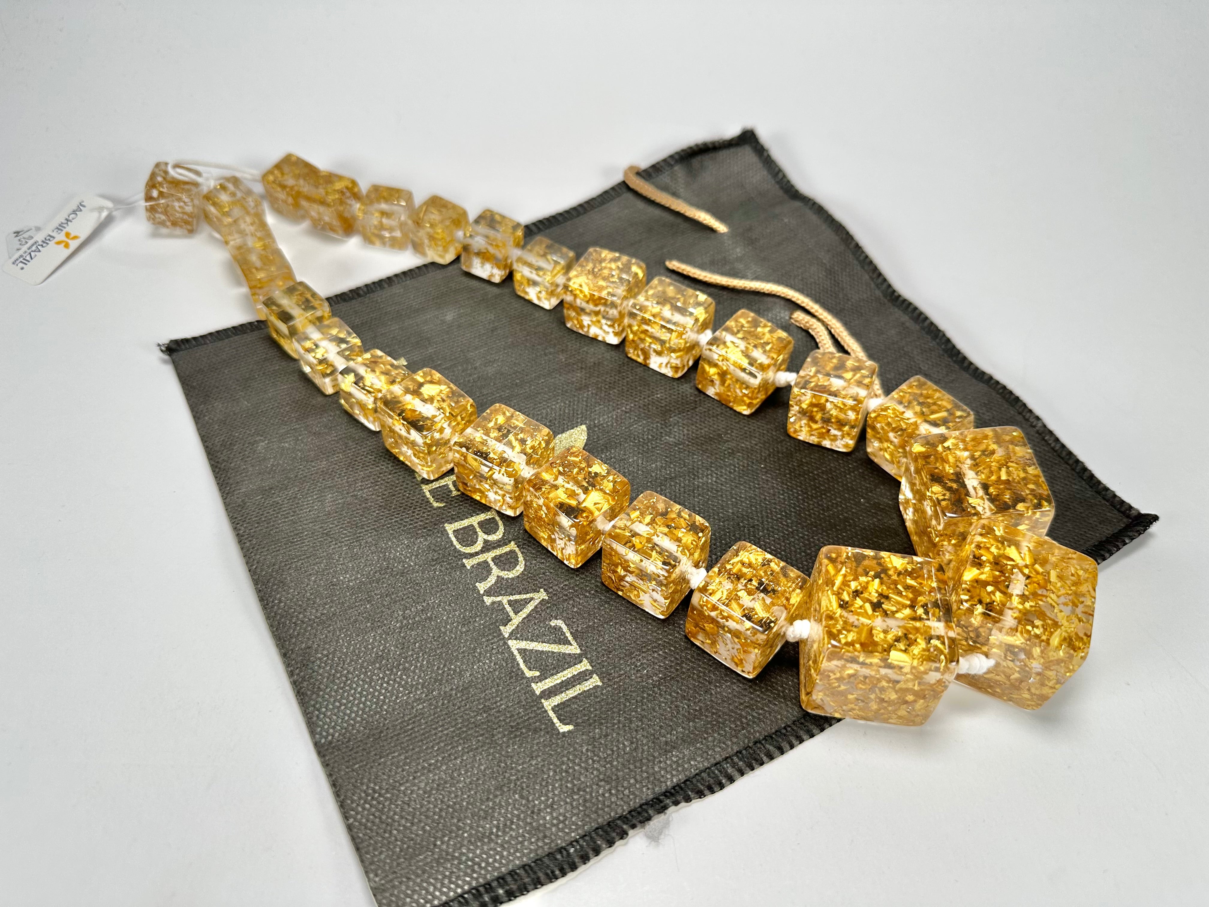 Jackie Brazil "Gold Flakes" Mix Size Liquorice Cubes Resin Necklace ( N3343 )