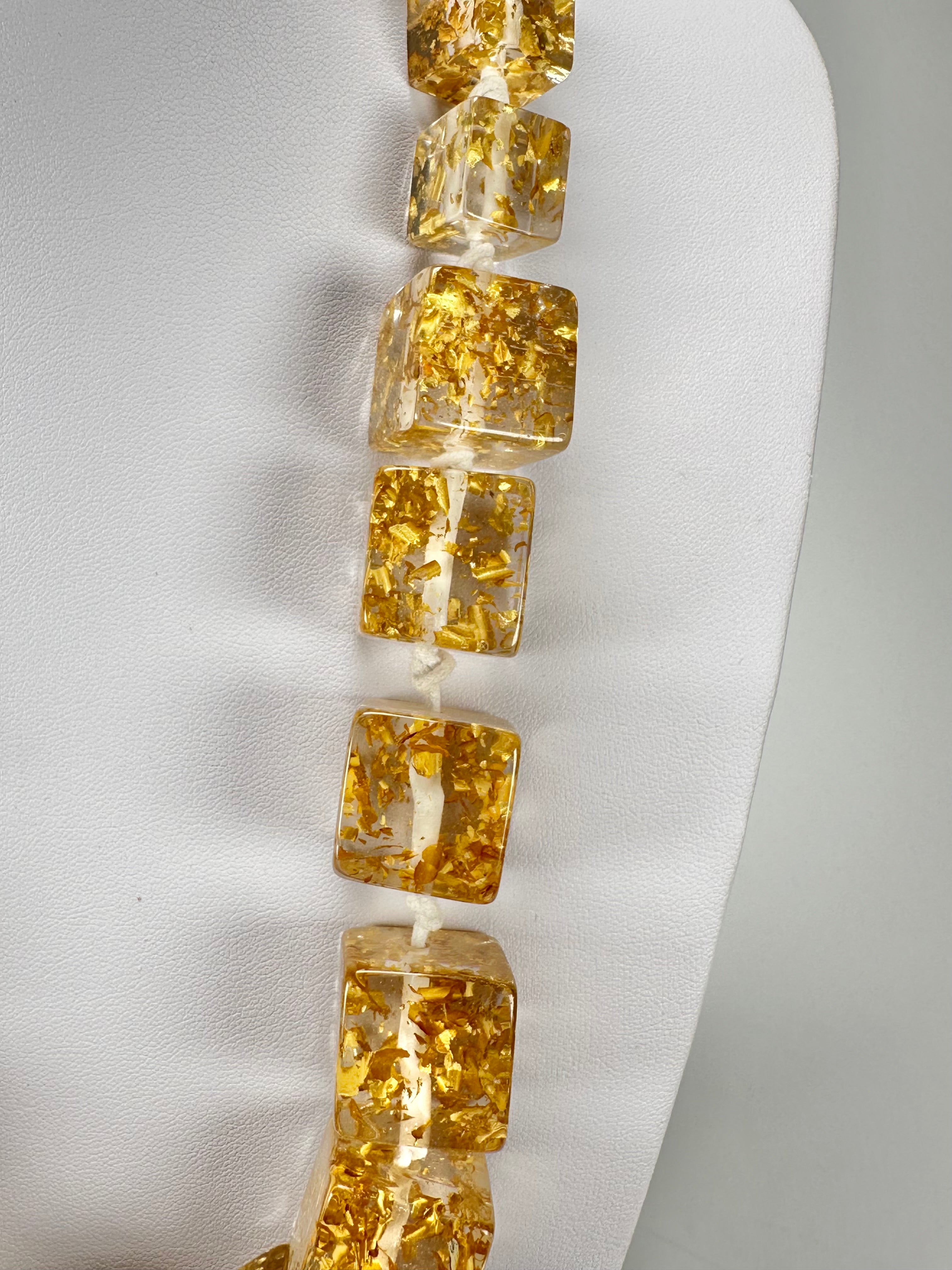 Jackie Brazil "Gold Flakes" Mix Size Liquorice Cubes Resin Necklace ( N3343 )