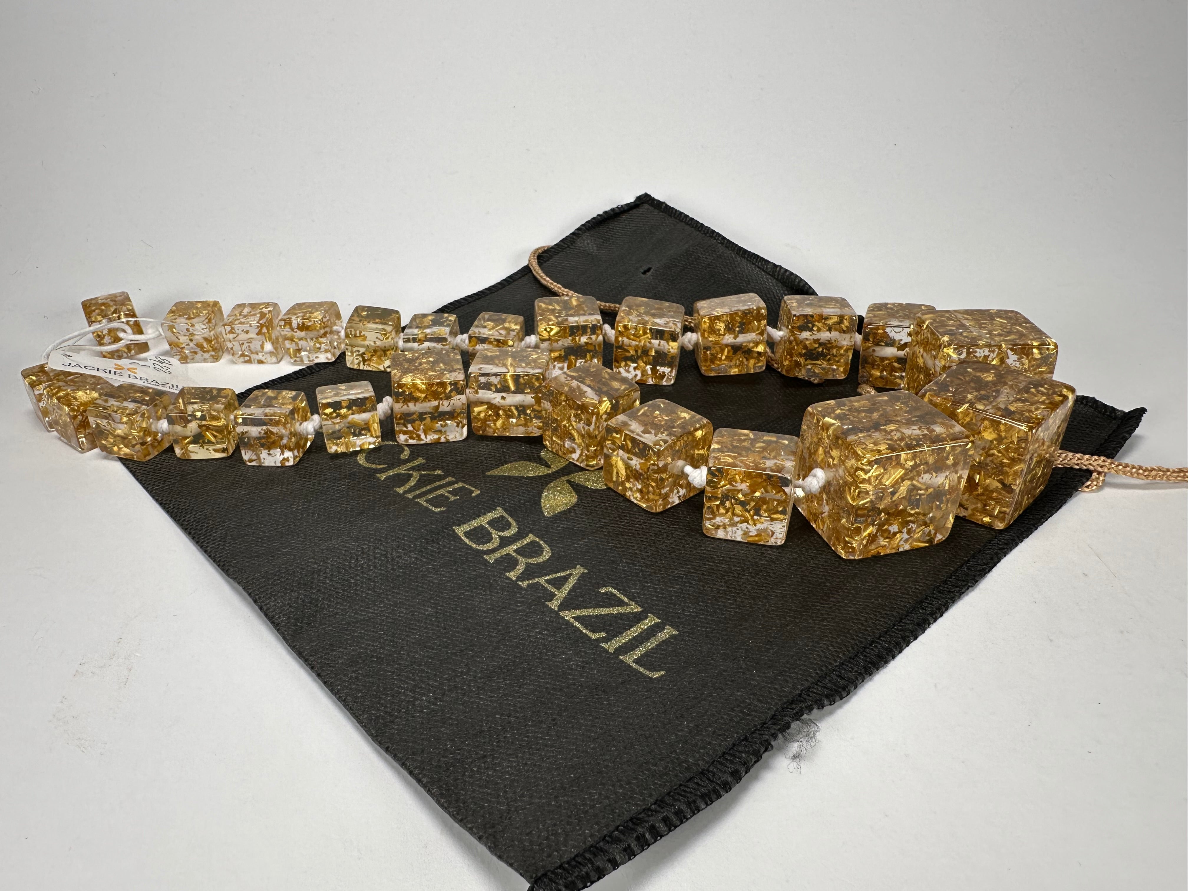 Jackie Brazil "Gold Flakes" Mix Size Liquorice Cubes Resin Necklace ( N3343 )