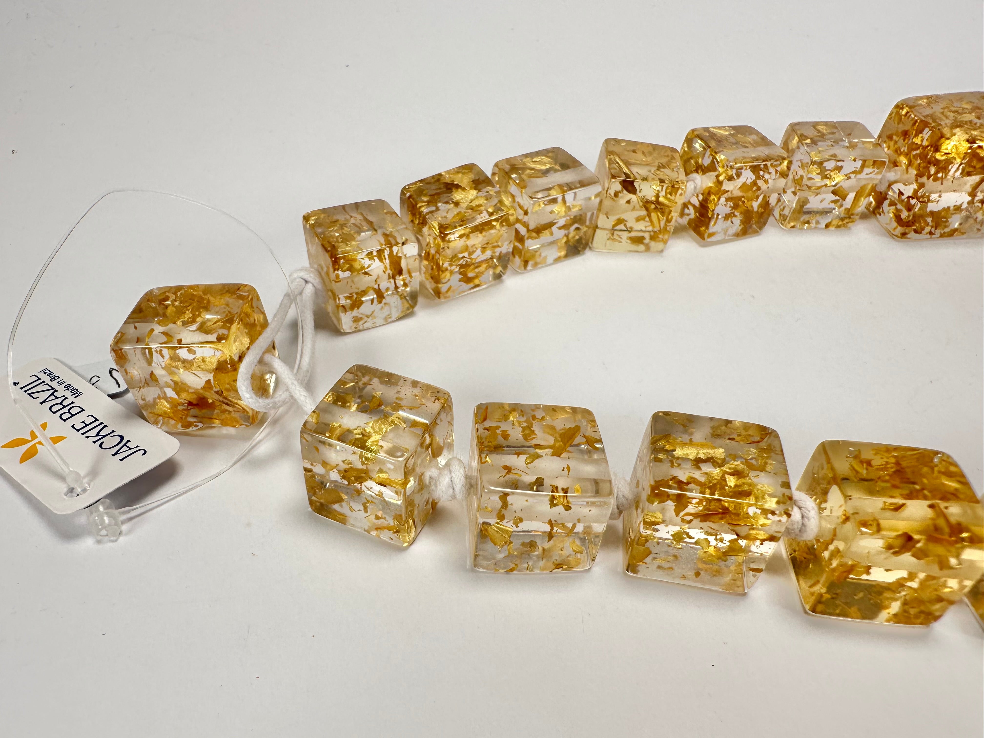 Jackie Brazil "Gold Flakes" Mix Size Liquorice Cubes Resin Necklace ( N3343 )