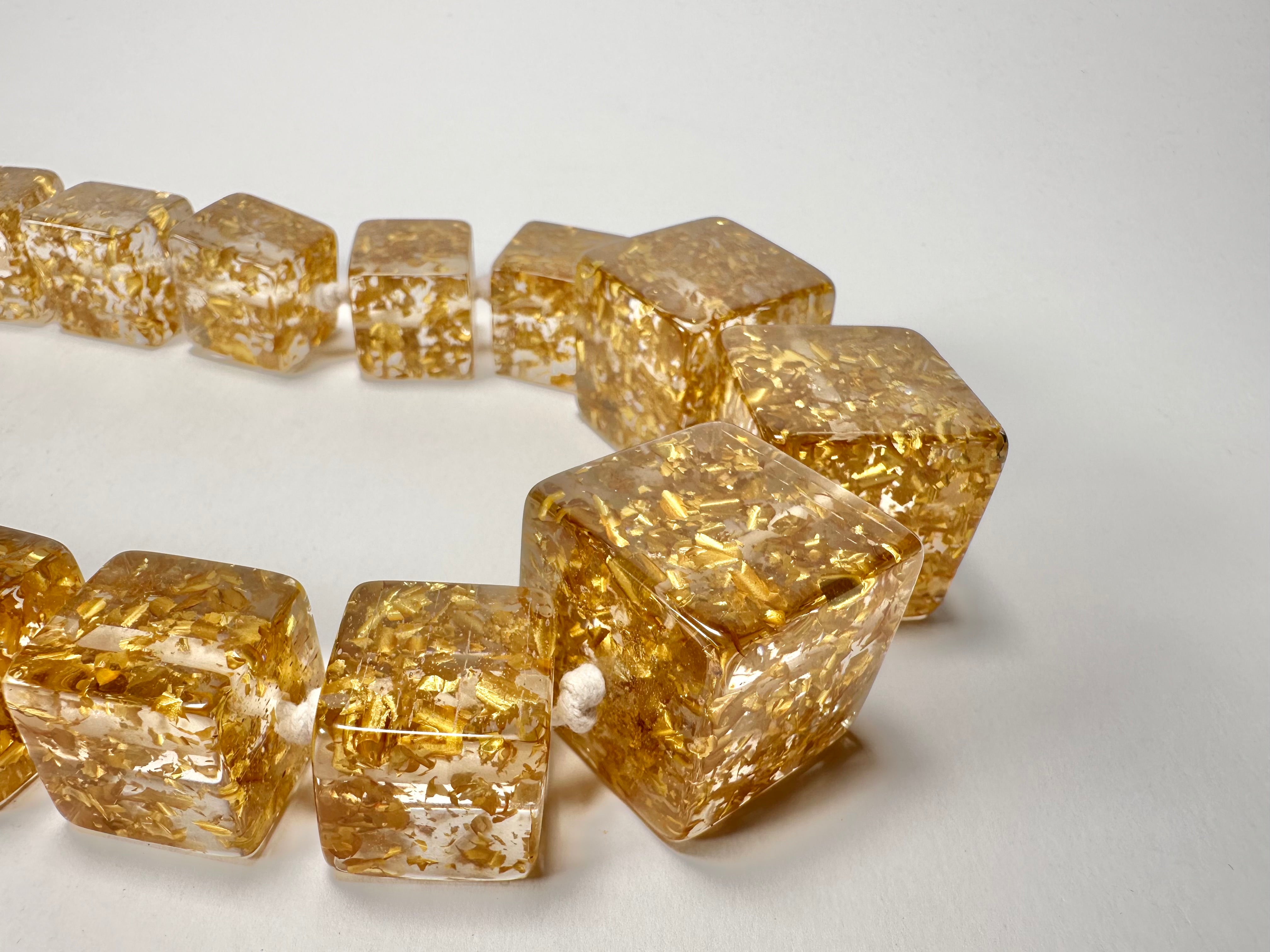 Jackie Brazil "Gold Flakes" Mix Size Liquorice Cubes Resin Necklace ( N3343 )