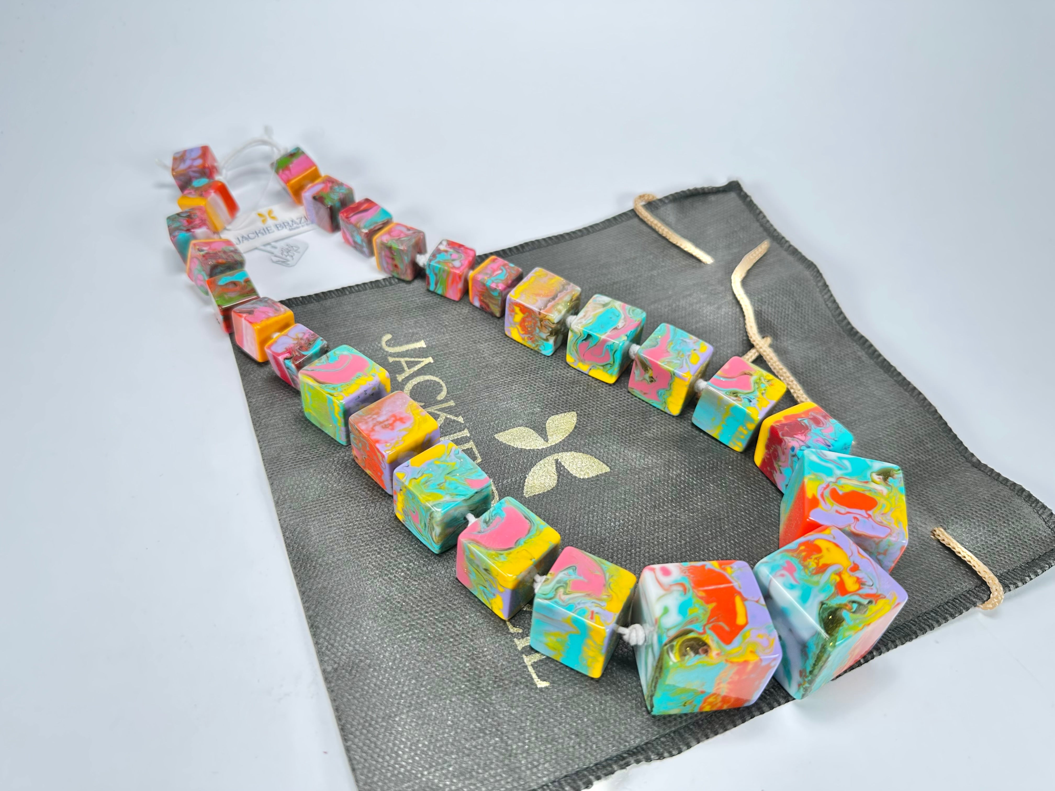 Jackie Brazil "Kandinsky" Mix Size Liquorice Cubes Resin Necklace ( N3343 )