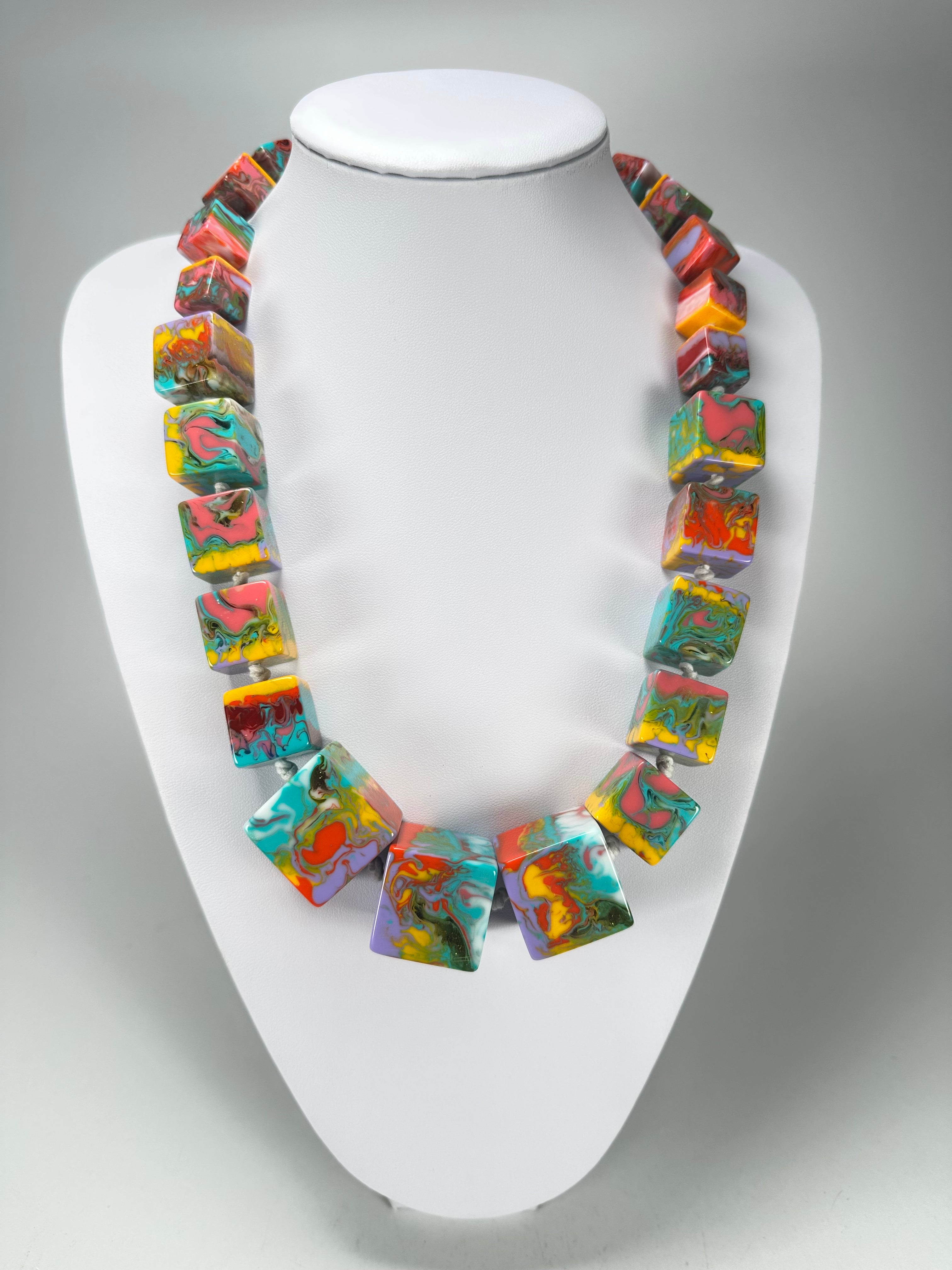 Jackie Brazil "Kandinsky" Mix Size Liquorice Cubes Resin Necklace ( N3343 )