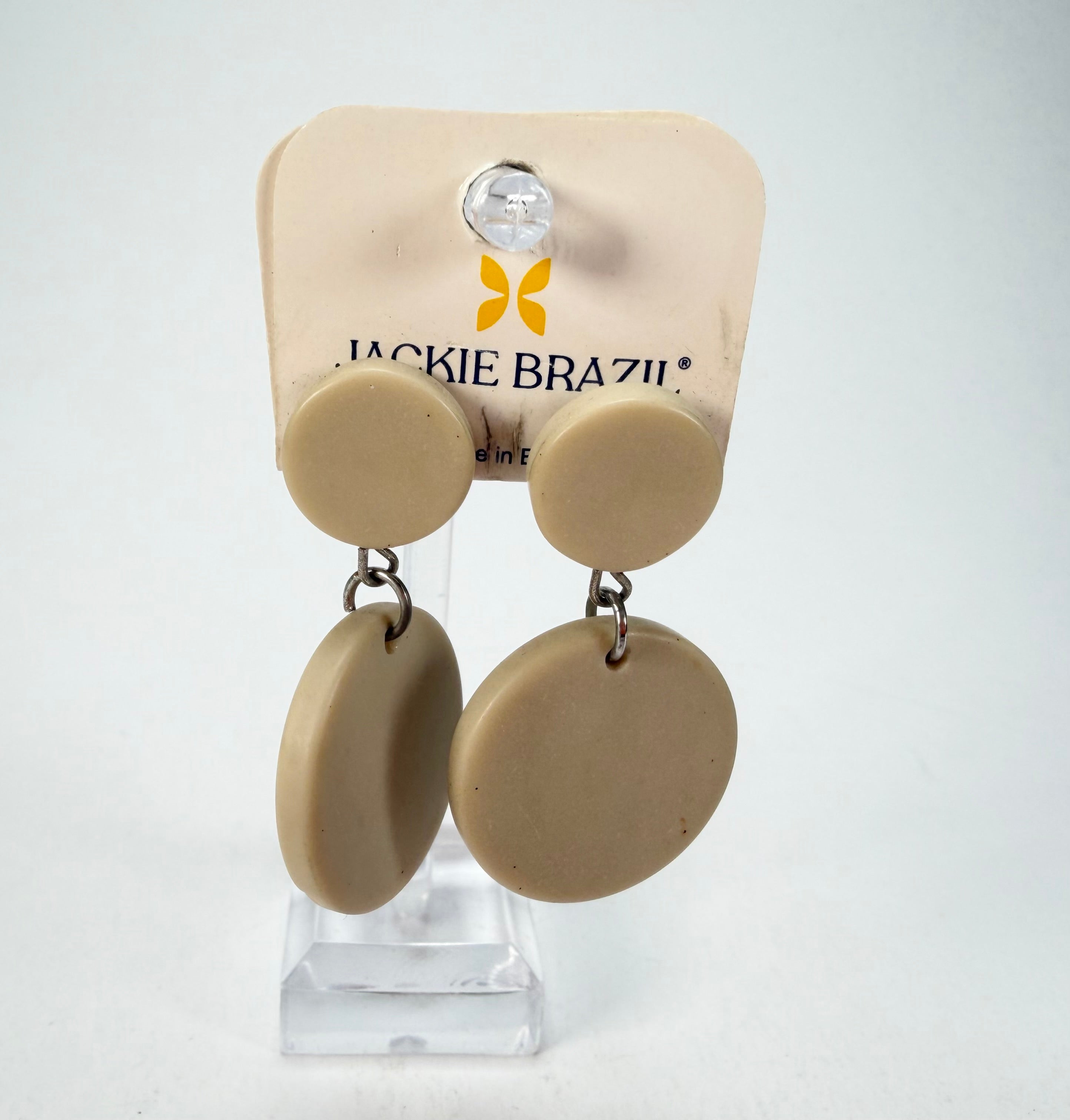 Jackie Brazil "Duo Stud" Natural Disk On Pin Beige Matte Resin Earrings ( E0520 )