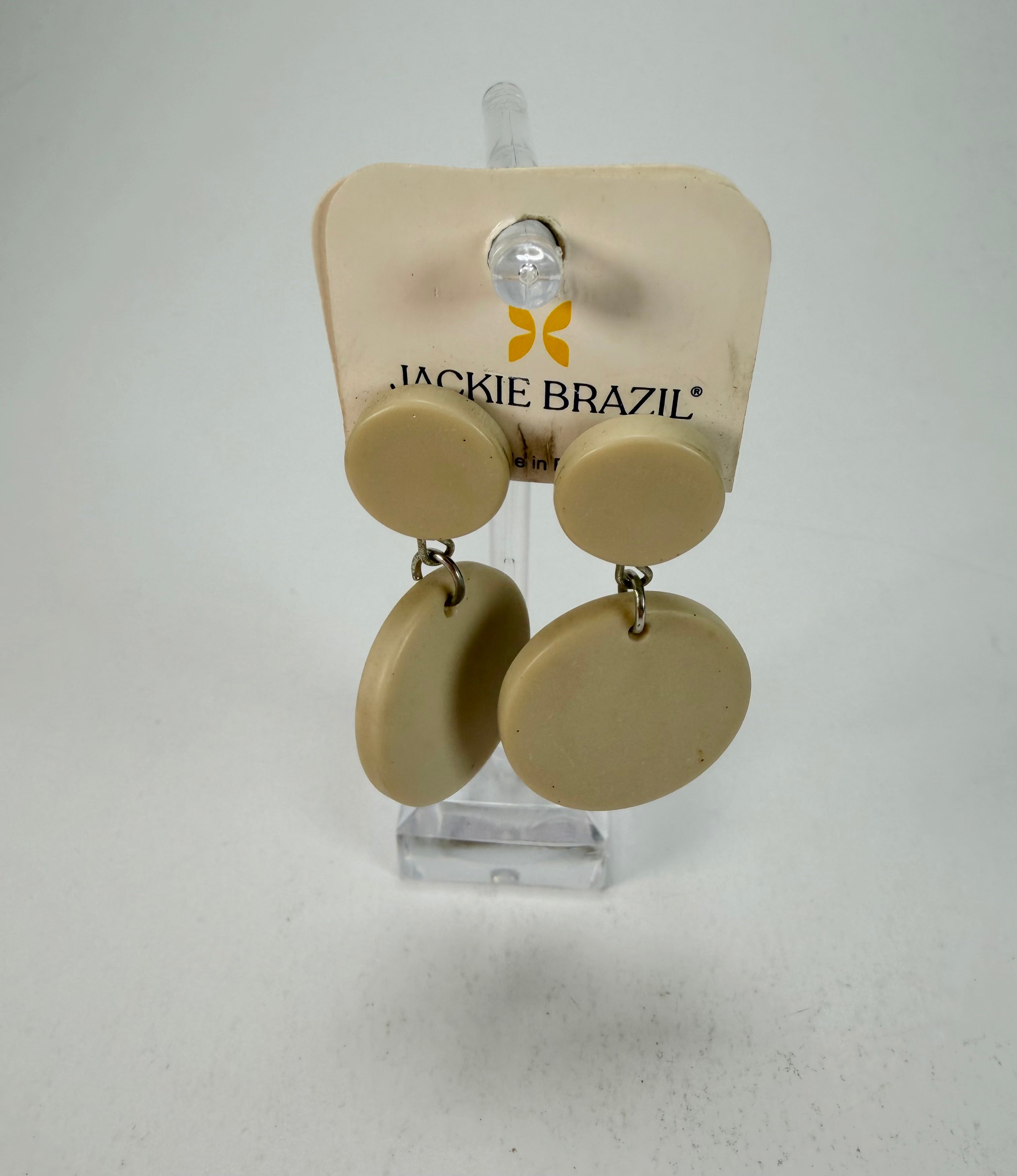 Jackie Brazil "Duo Stud" Natural Disk On Pin Beige Matte Resin Earrings ( E0520 )