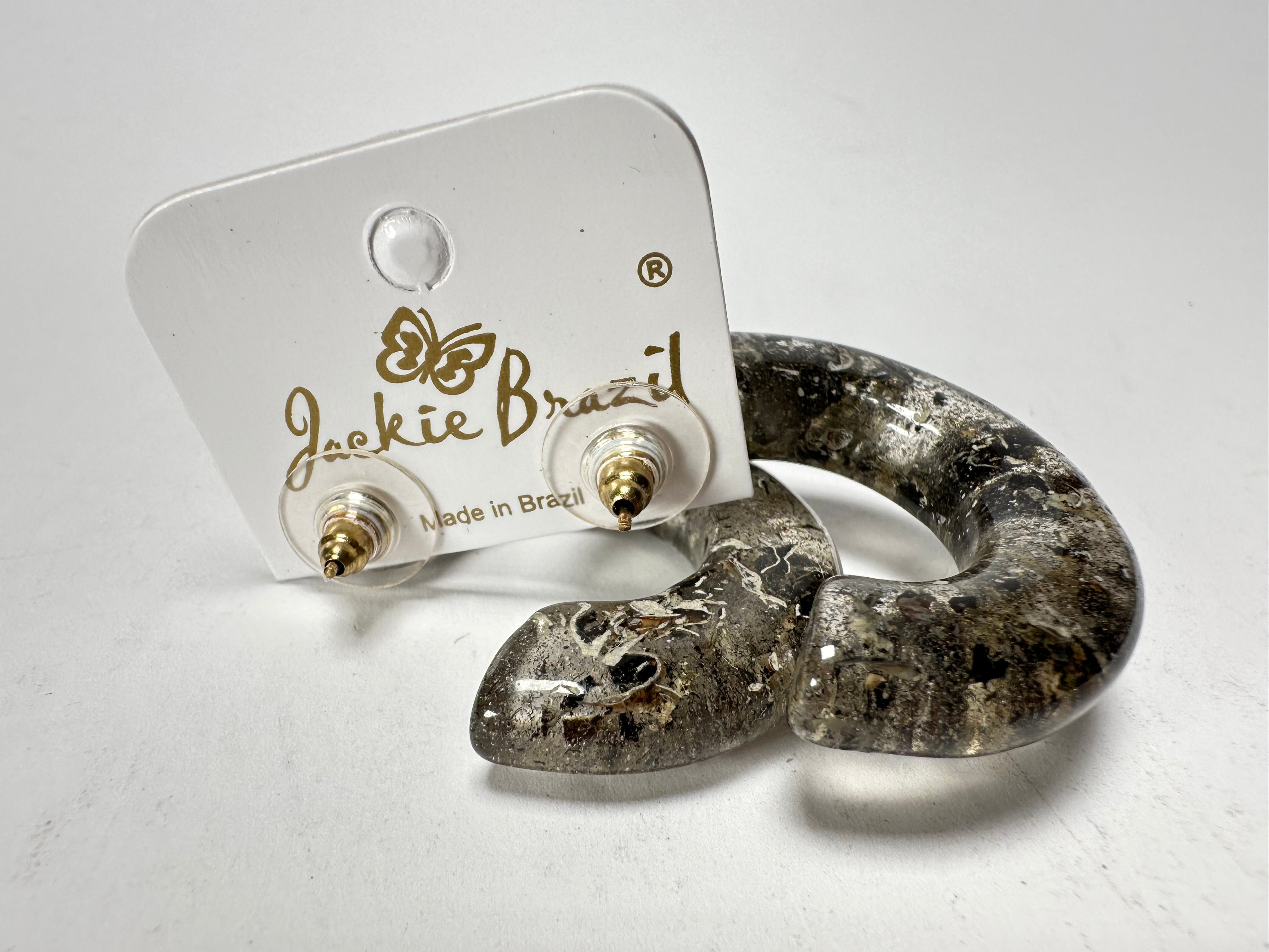 Jackie Brazil "Lucia" Seaweed Thick Half Hoop On Pin Resin Earrings ( E0035 )