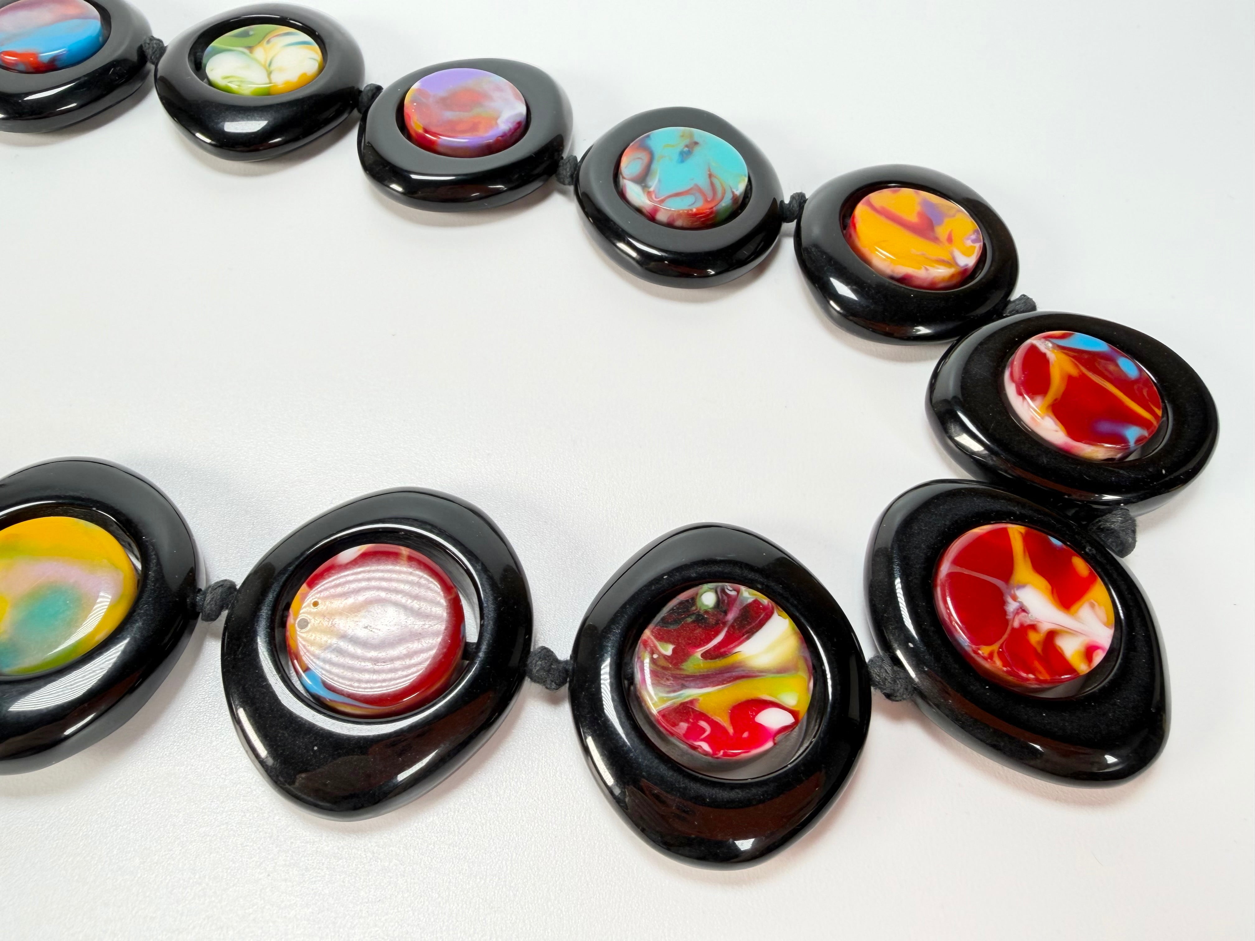 Jackie Brazil "Saturn" Black & Kandinsky Disk and Cylinder Long 75cm Necklace ( N0065 )