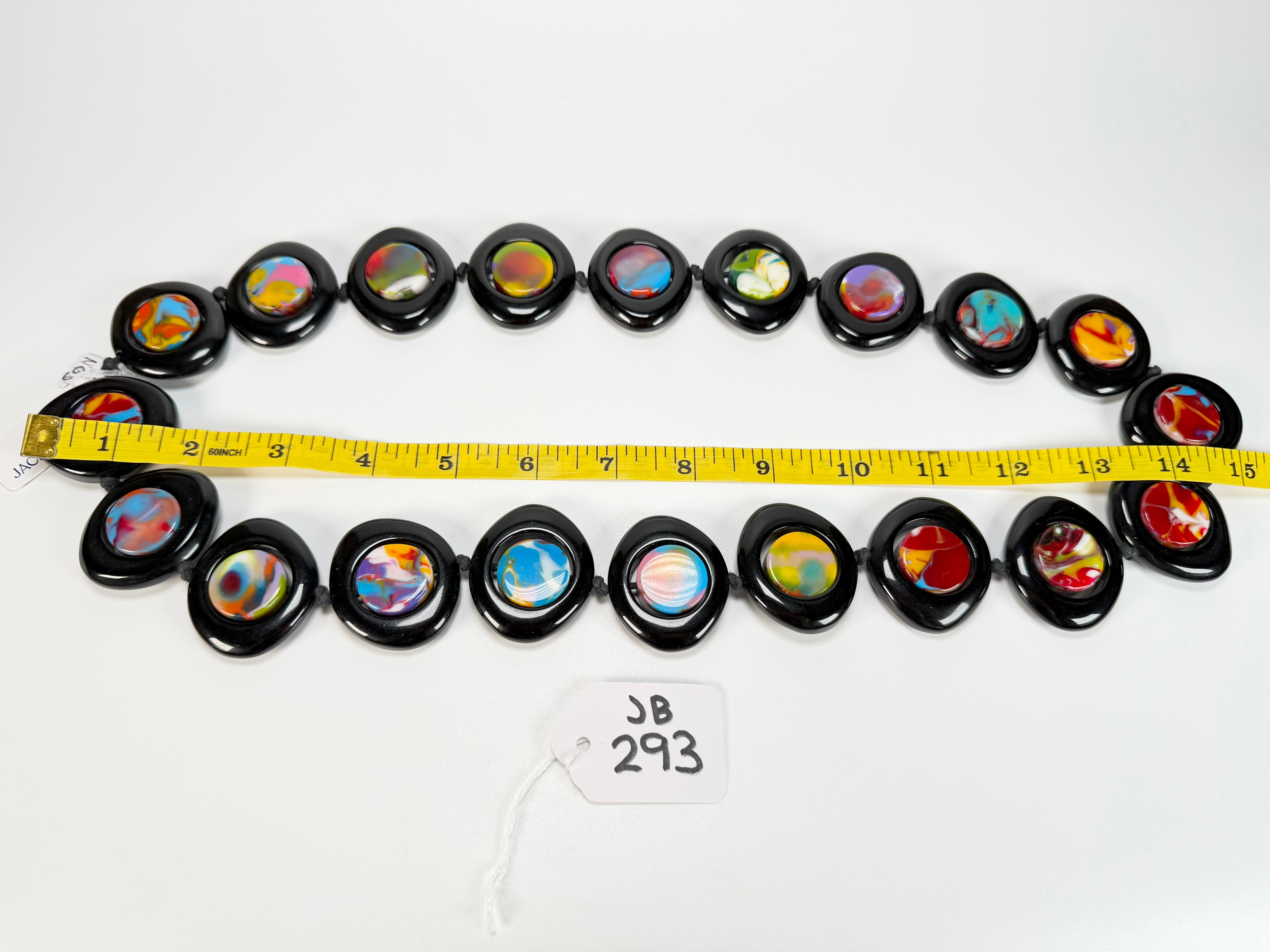 Jackie Brazil "Saturn" Black & Kandinsky Disk and Cylinder Long 75cm Necklace ( N0065 )