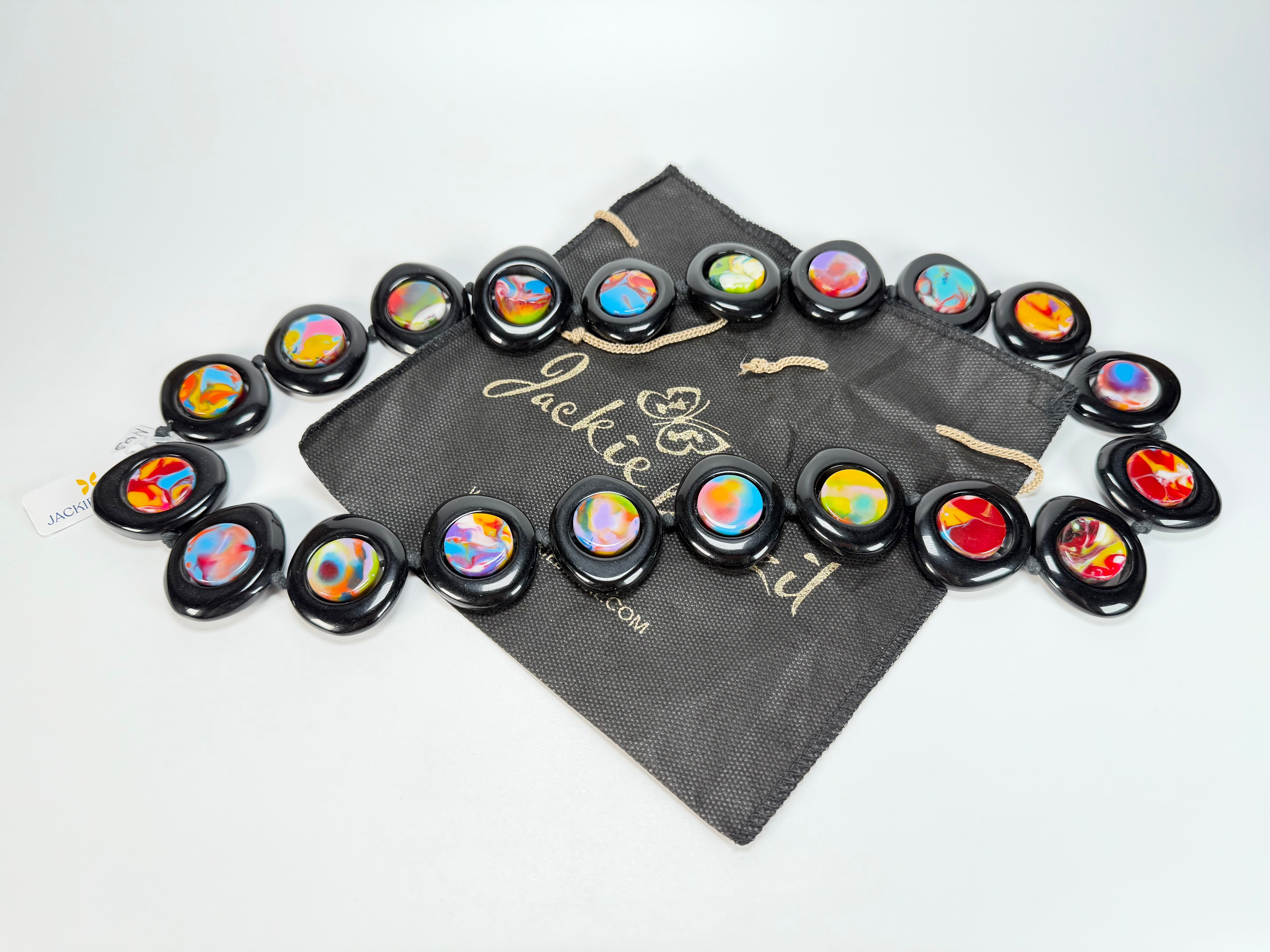 Jackie Brazil "Saturn" Black & Kandinsky Disk and Cylinder Long 75cm Necklace ( N0065 )