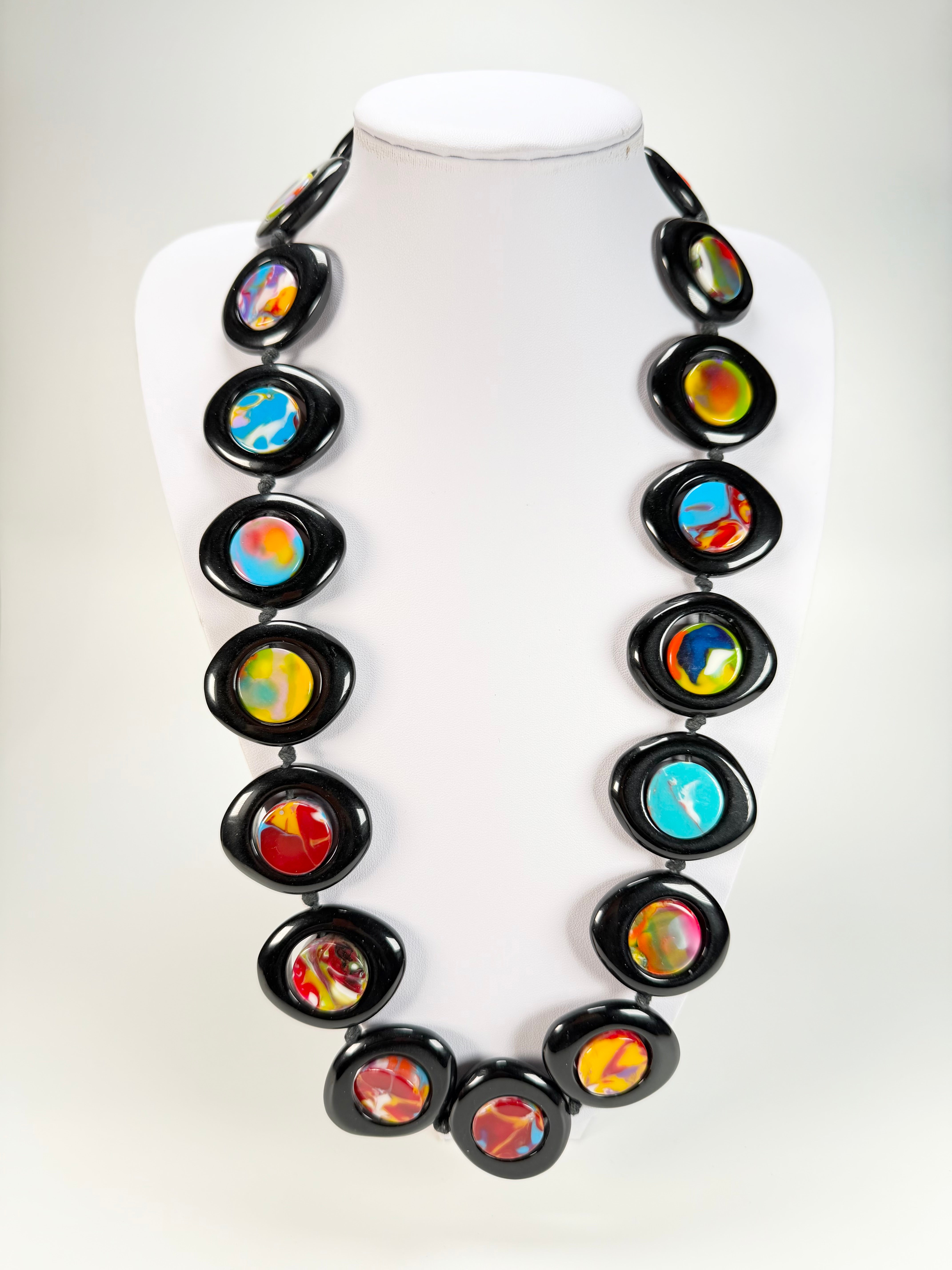 Jackie Brazil "Saturn" Black & Kandinsky Disk and Cylinder Long 75cm Necklace ( N0065 )
