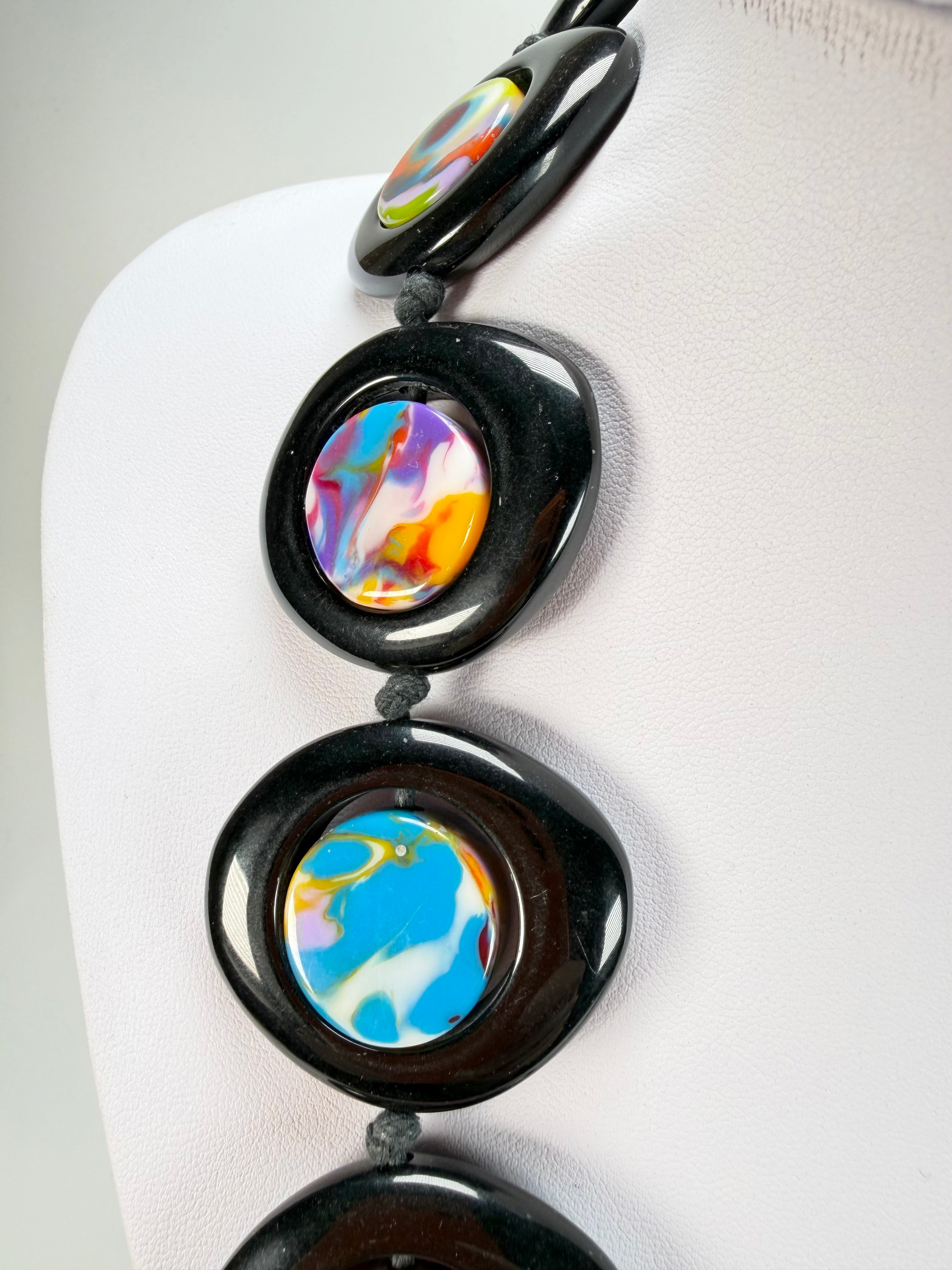 Jackie Brazil "Saturn" Black & Kandinsky Disk and Cylinder Long 75cm Necklace ( N0065 )