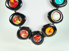 Jackie Brazil "Saturn" Black & Kandinsky Disk and Cylinder Long 75cm Necklace ( N0065 )