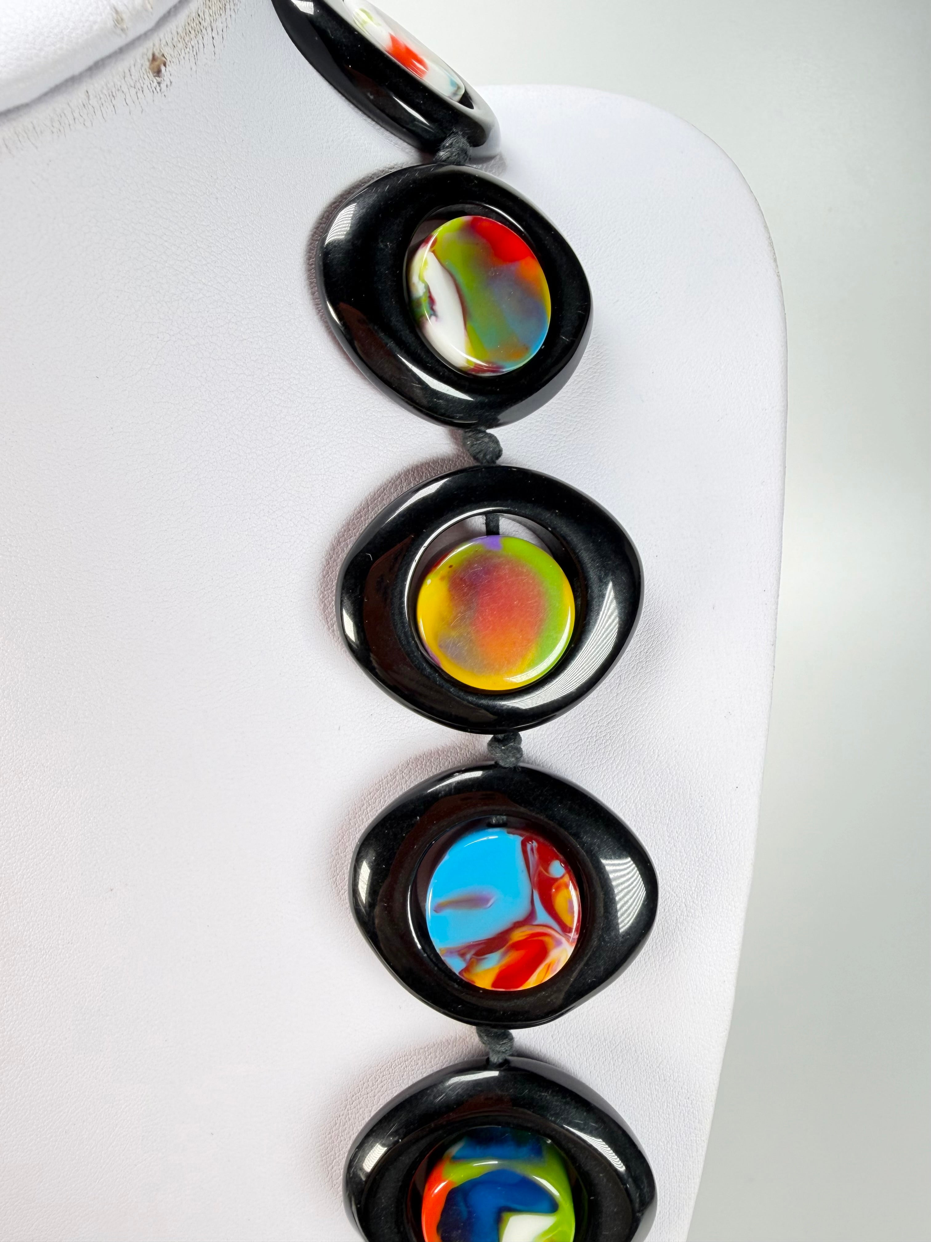 Jackie Brazil "Saturn" Black & Kandinsky Disk and Cylinder Long 75cm Necklace ( N0065 )