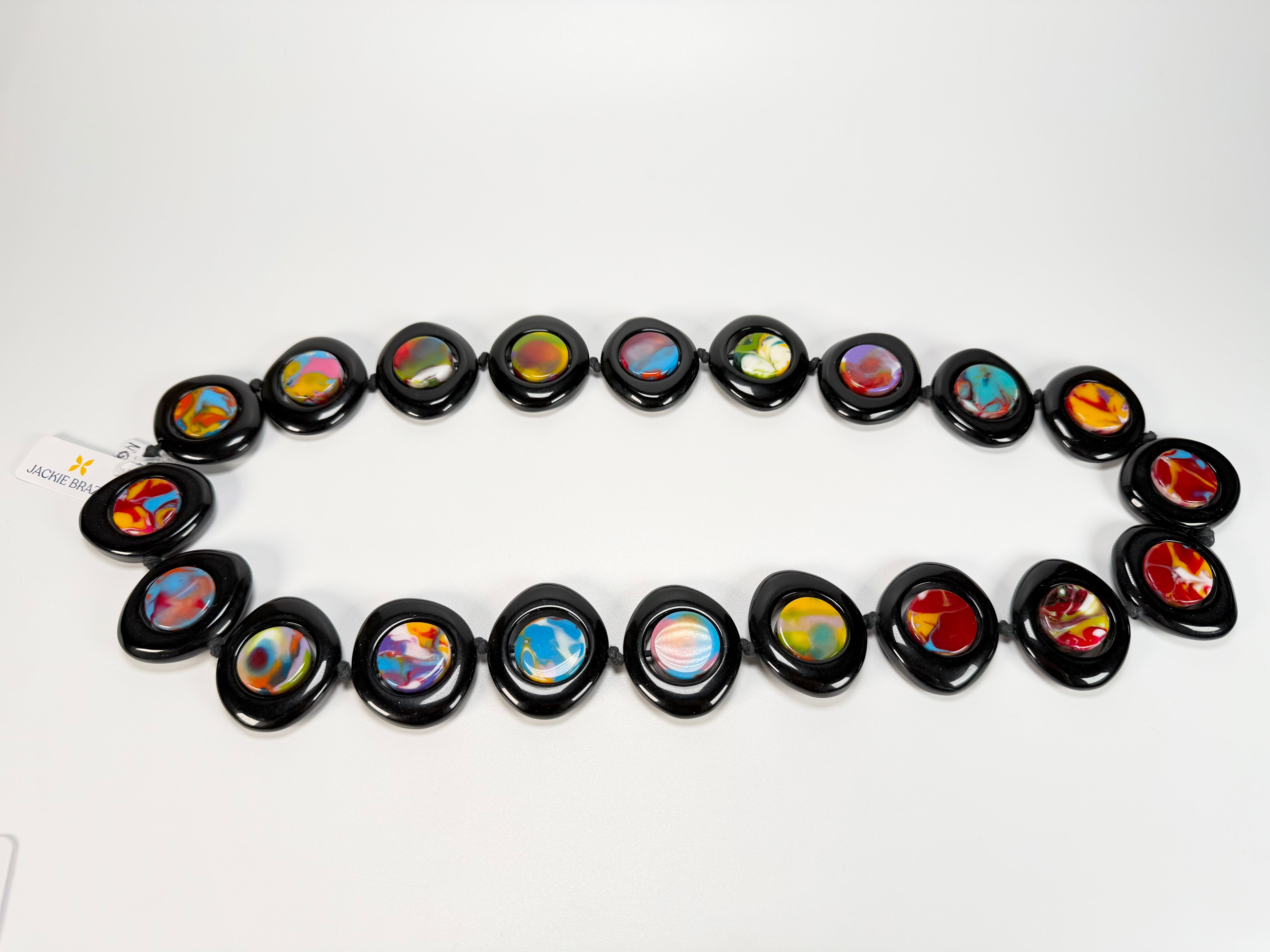 Jackie Brazil "Saturn" Black & Kandinsky Disk and Cylinder Long 75cm Necklace ( N0065 )