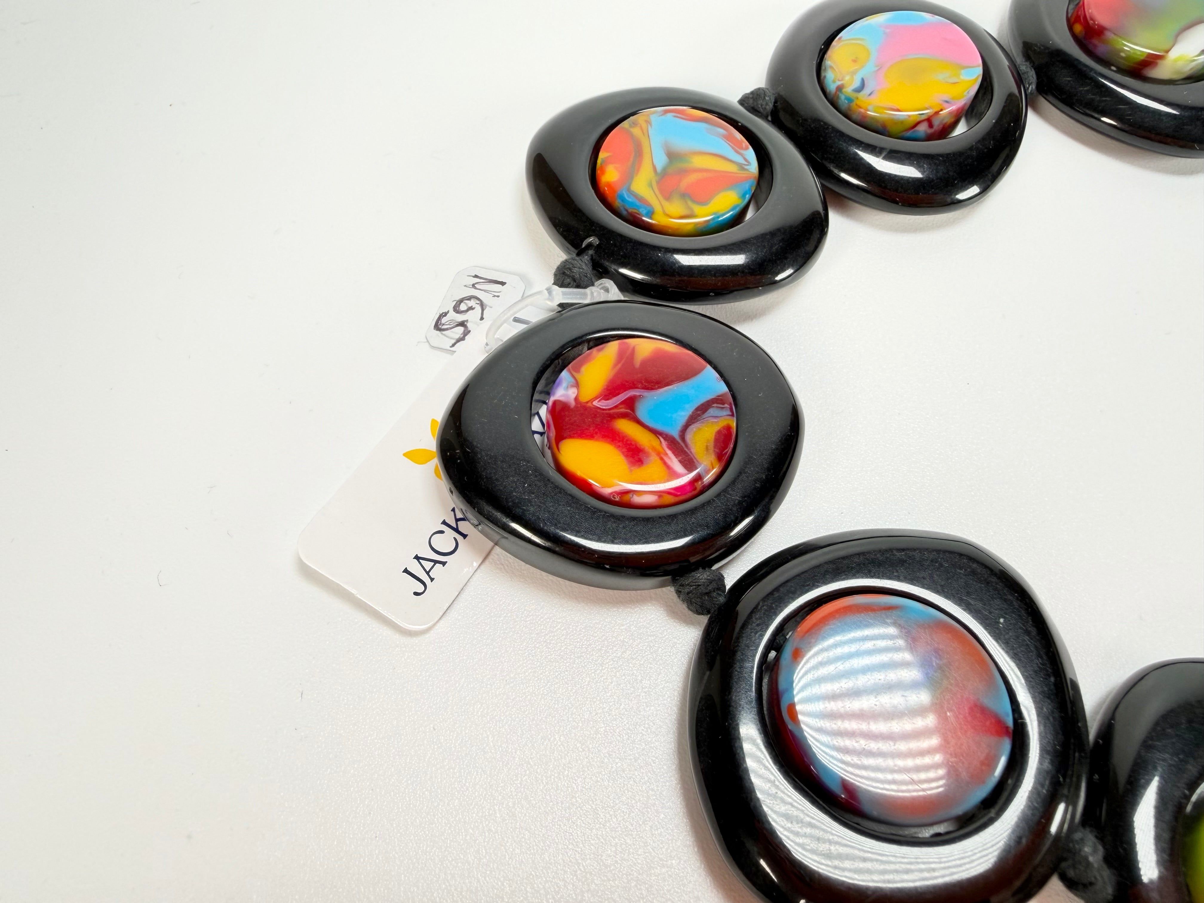 Jackie Brazil "Saturn" Black & Kandinsky Disk and Cylinder Long 75cm Necklace ( N0065 )