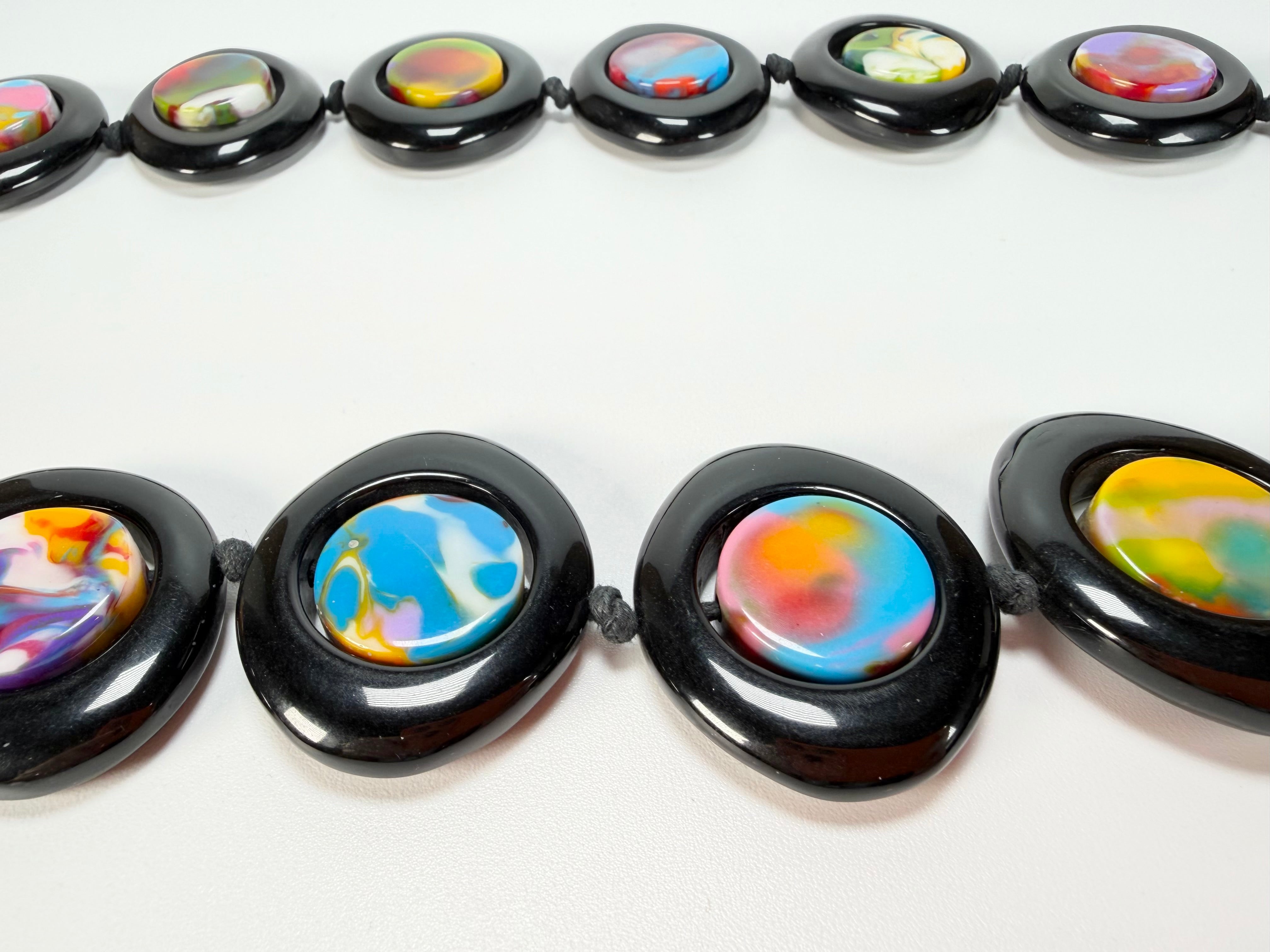 Jackie Brazil "Saturn" Black & Kandinsky Disk and Cylinder Long 75cm Necklace ( N0065 )