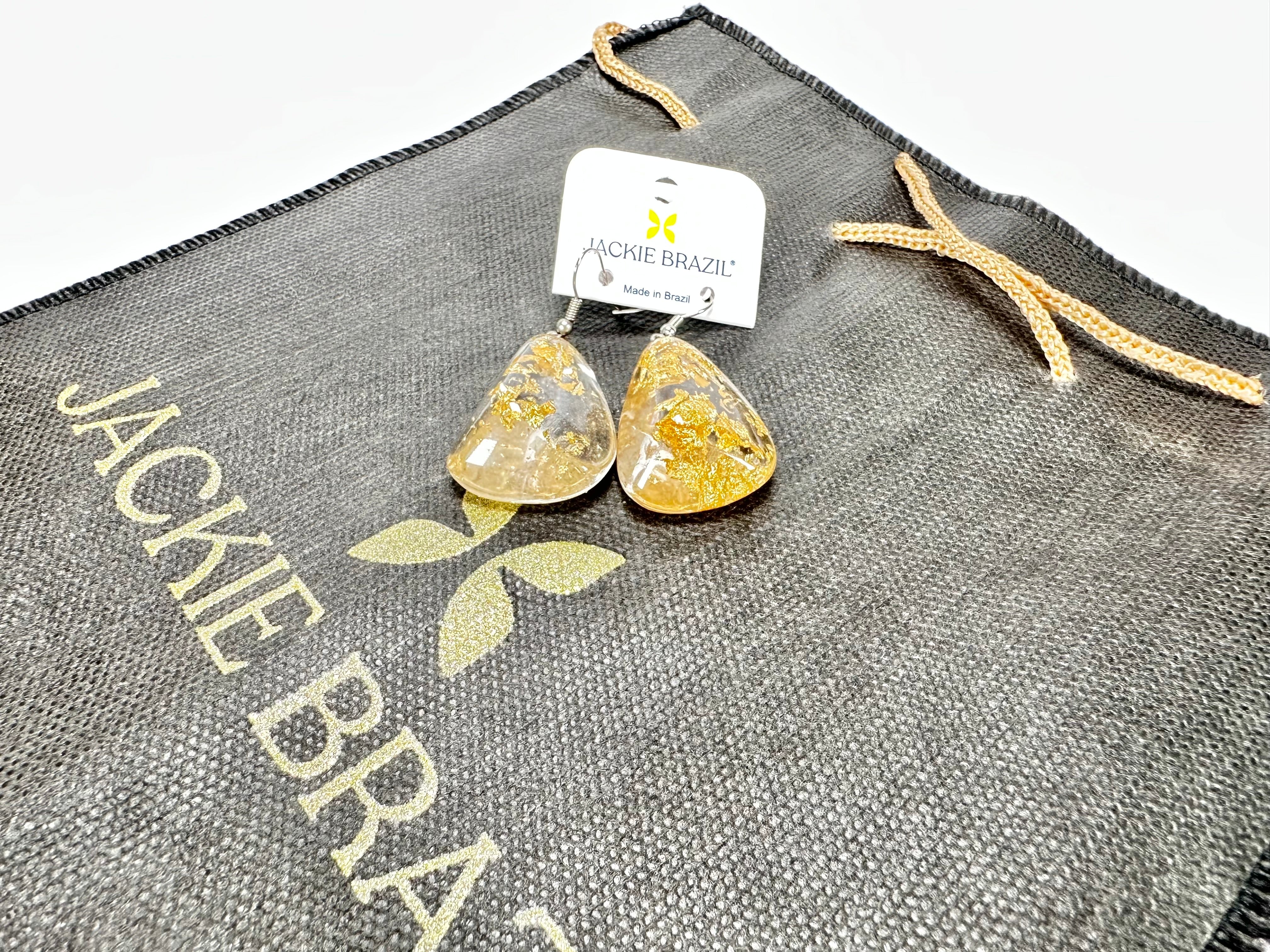 Jackie Brazil "Diamond" Gold Flakes Flinstone on Hook Resin Earrings ( E0700 )