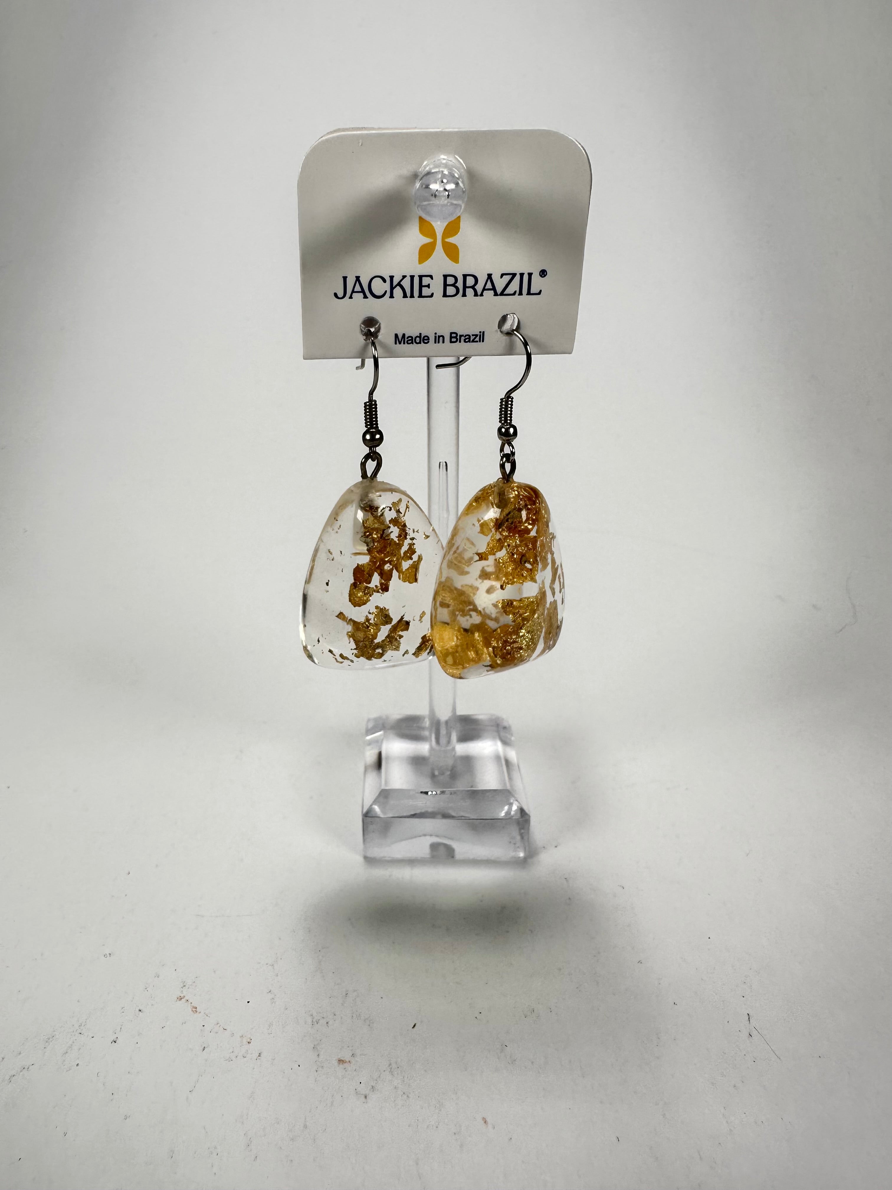 Jackie Brazil "Diamond" Gold Flakes Flinstone on Hook Resin Earrings ( E0700 )