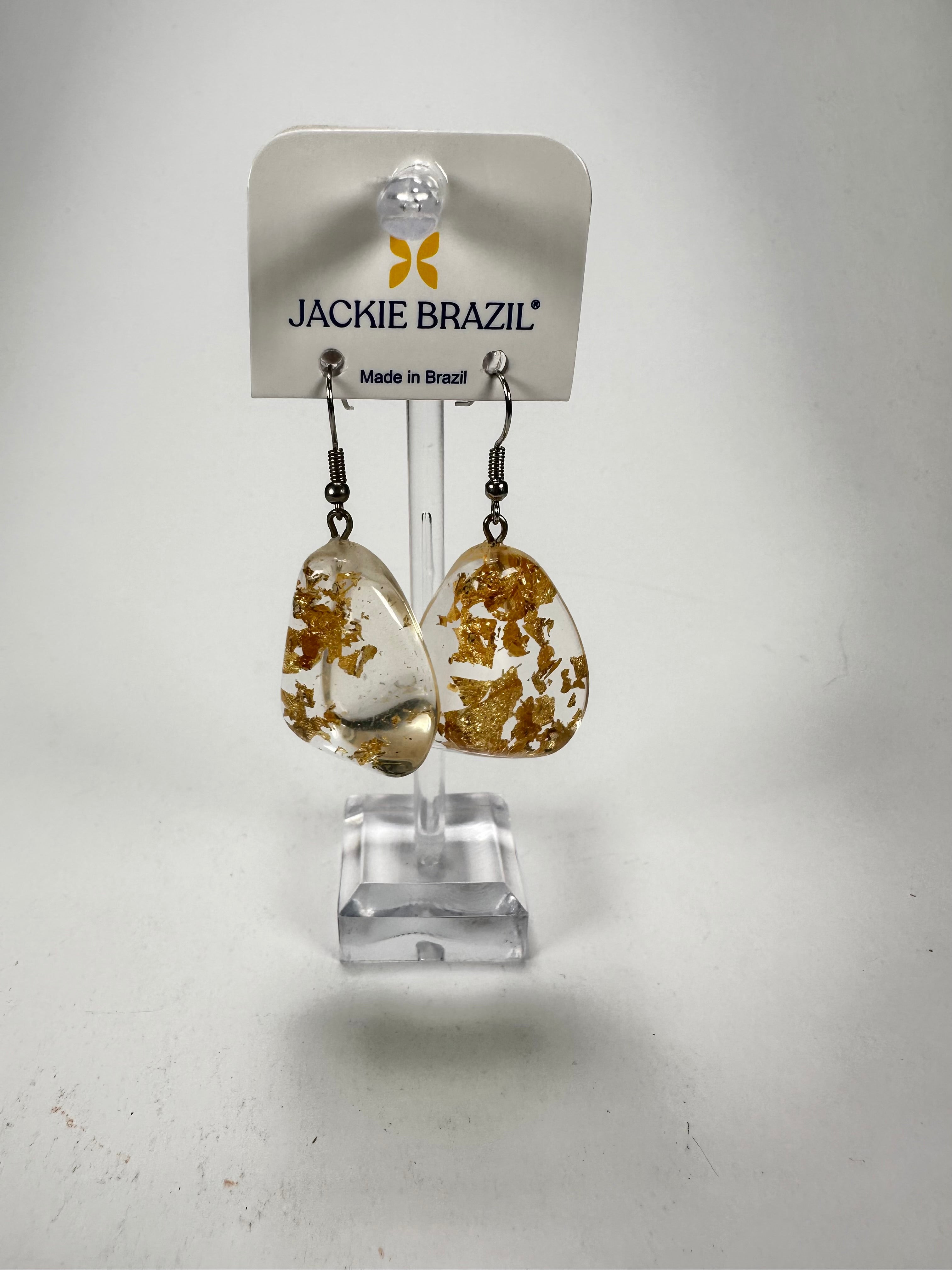Jackie Brazil "Diamond" Gold Flakes Flinstone on Hook Resin Earrings ( E0700 )